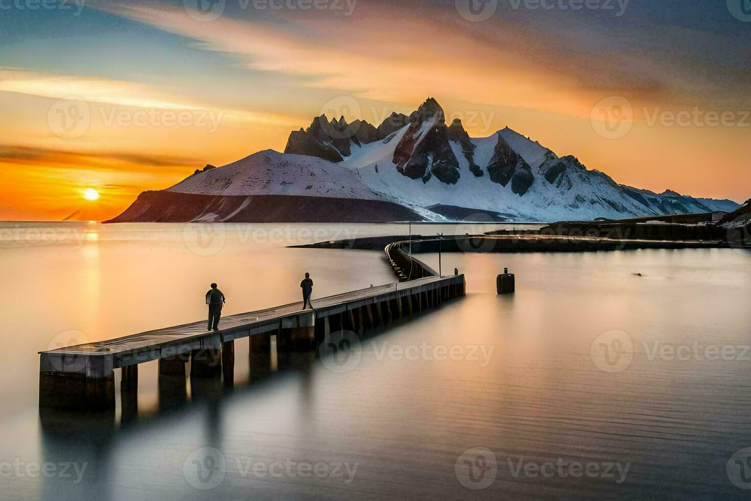 two people stand on a pier looking at the mountains. AI-Generated photo