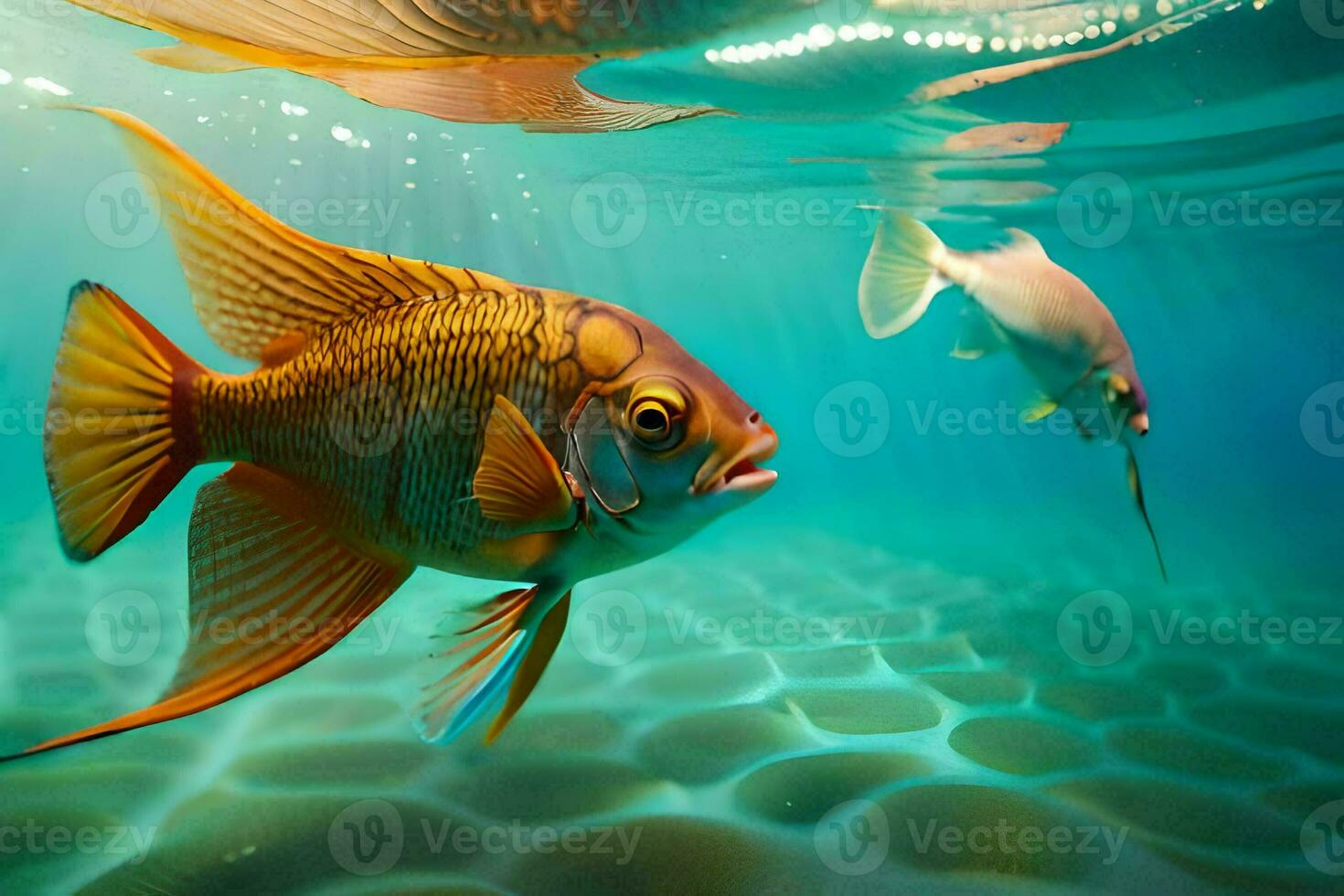 two fish swimming in the water with sunlight shining on them. AI-Generated photo