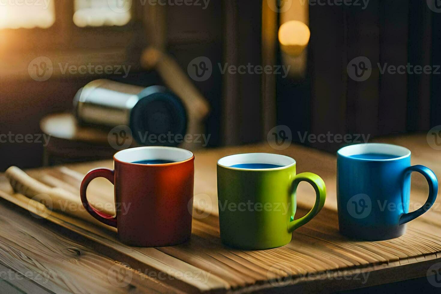 three colorful coffee mugs on a wooden table. AI-Generated photo
