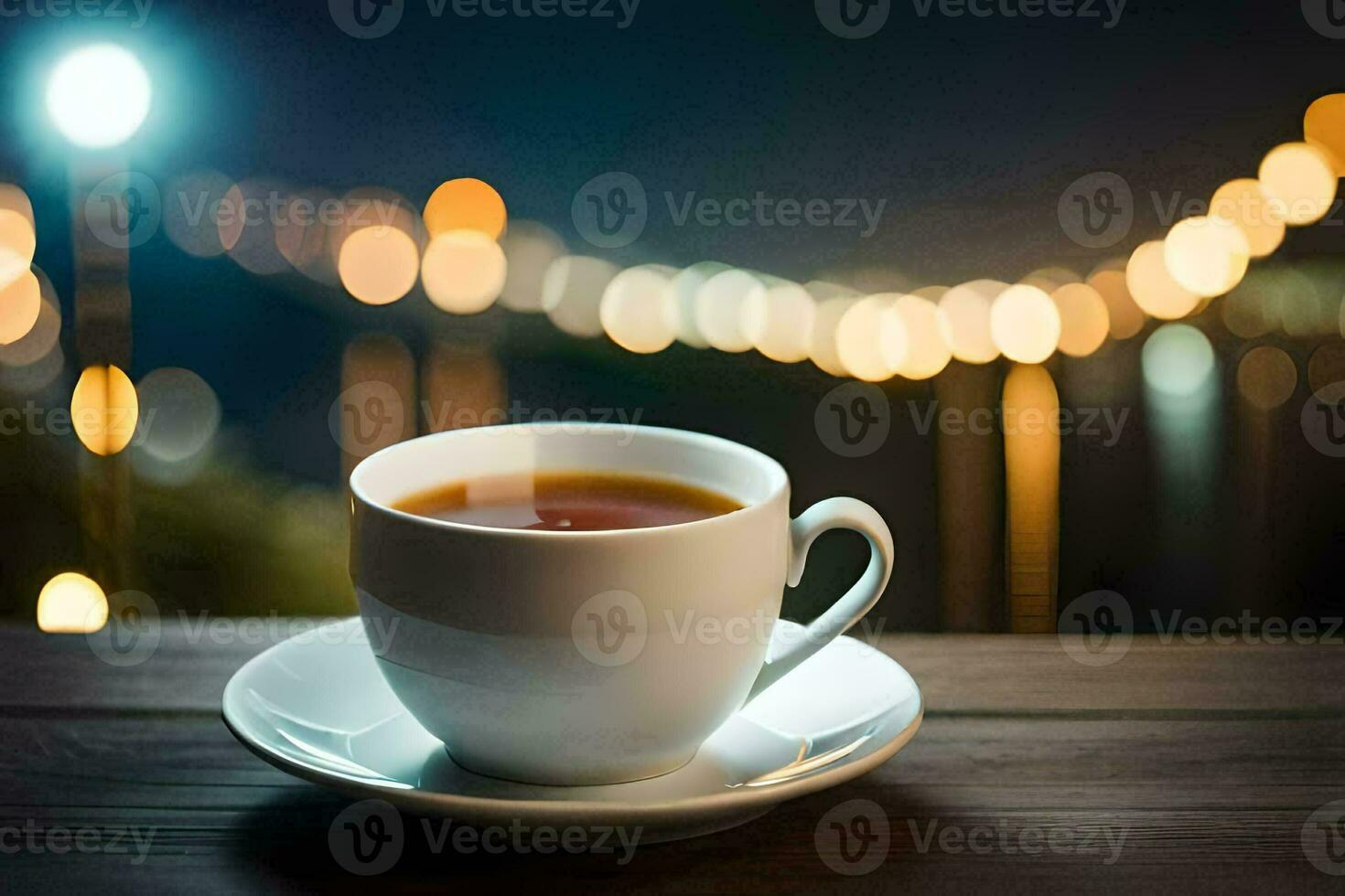 a cup of tea on a wooden table with a bokeh background. AI-Generated photo