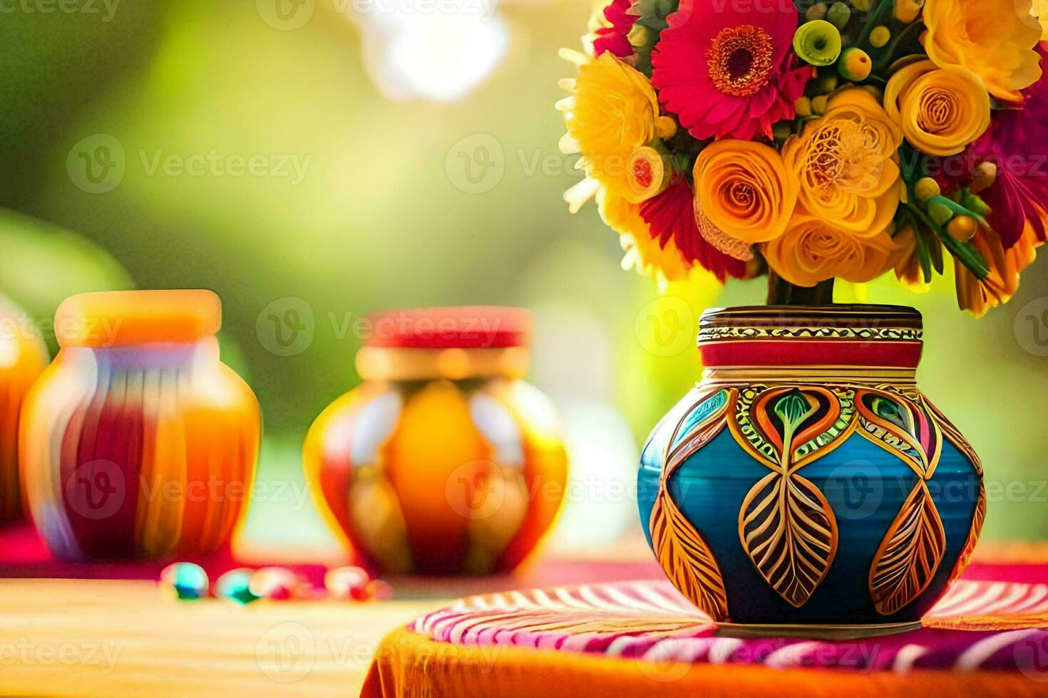 colorful vases with colorful flowers on a table. AI-Generated photo