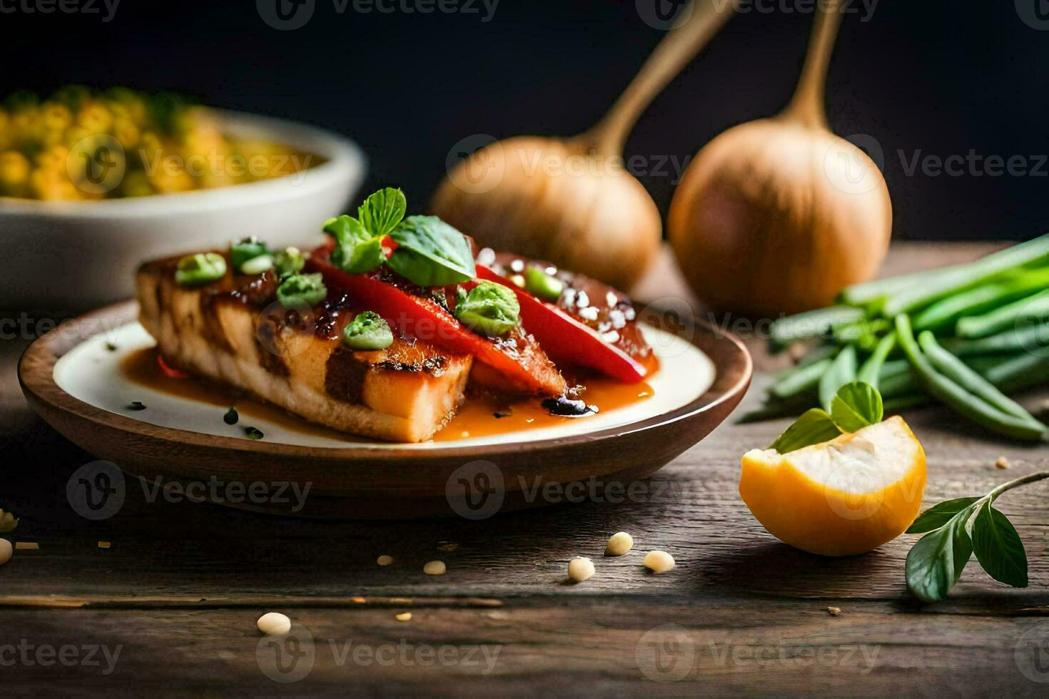 a plate of fish with vegetables and lemon. AI-Generated photo