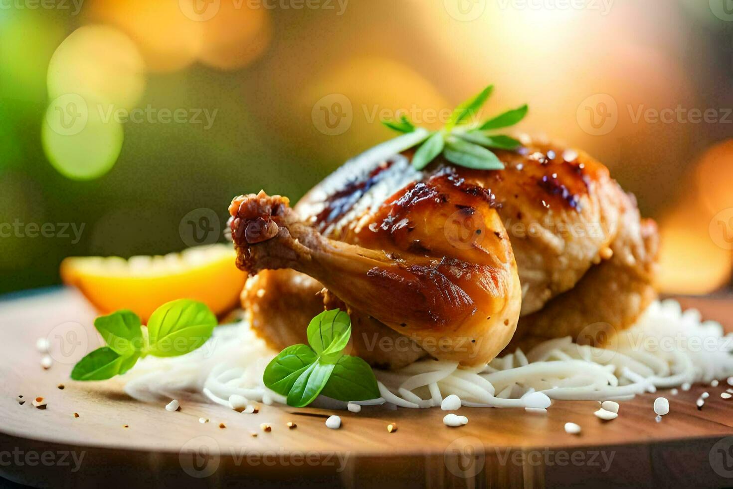 chicken with rice and herbs on a wooden cutting board. AI-Generated photo