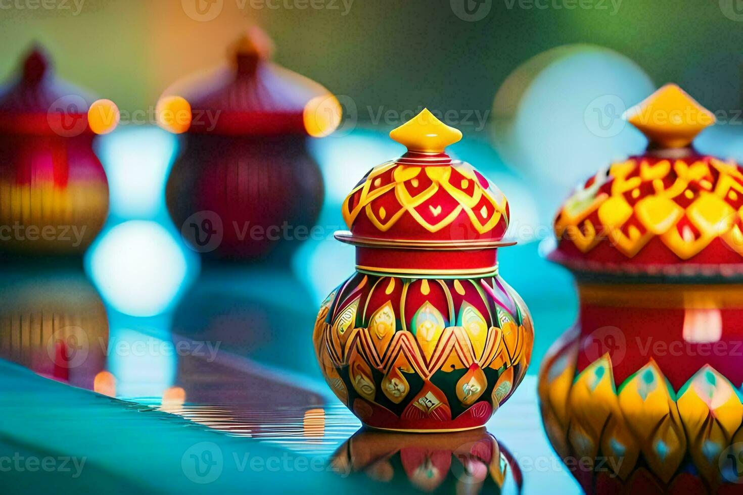 colorful ceramic pots on a table. AI-Generated photo
