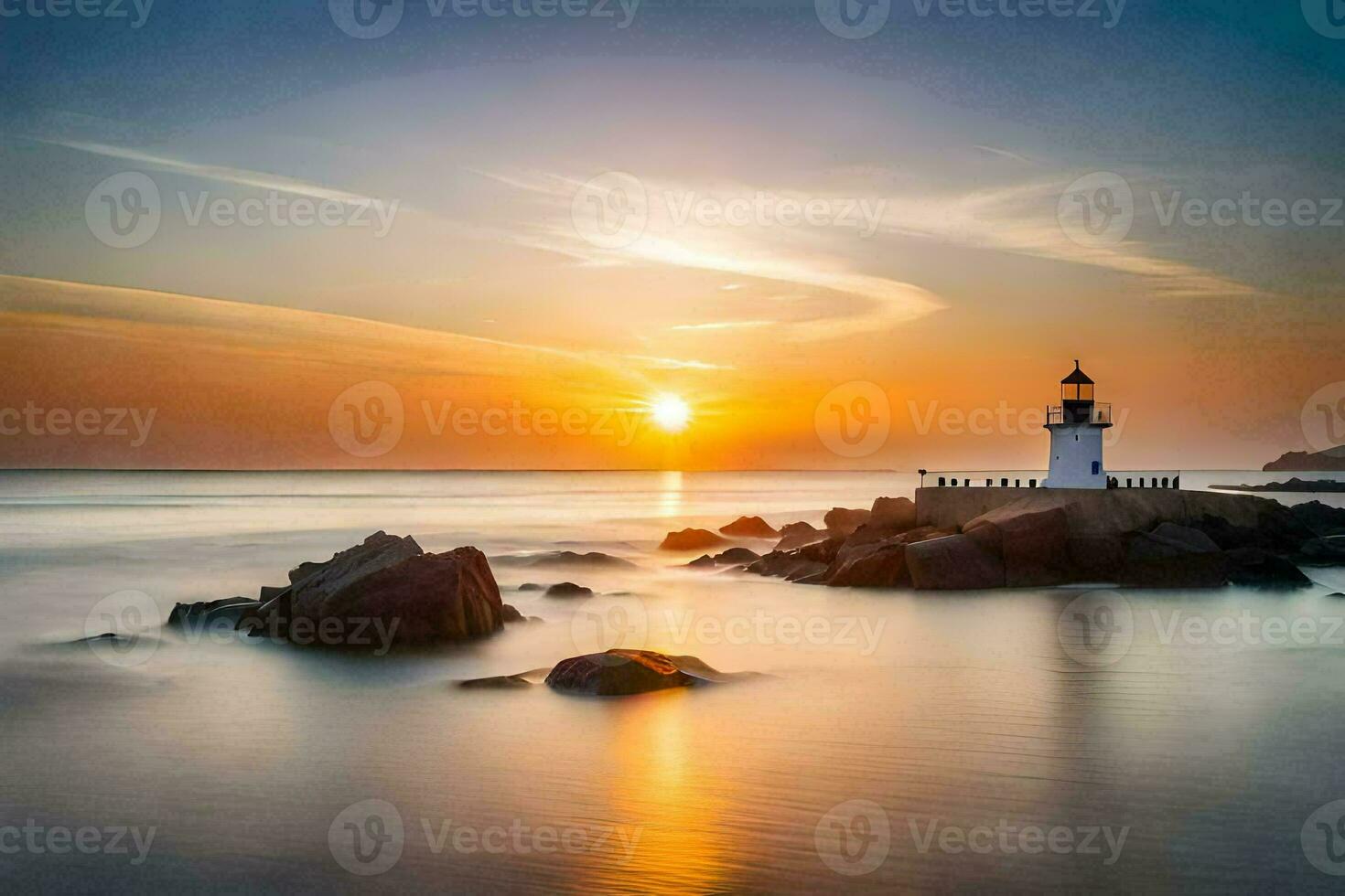 a lighthouse sits on the rocks at sunset. AI-Generated photo