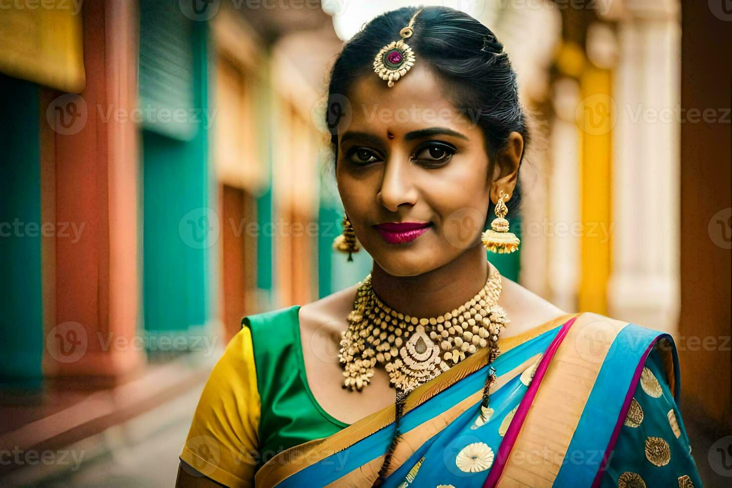 a woman wearing a colorful sari and jewelry. AI-Generated photo
