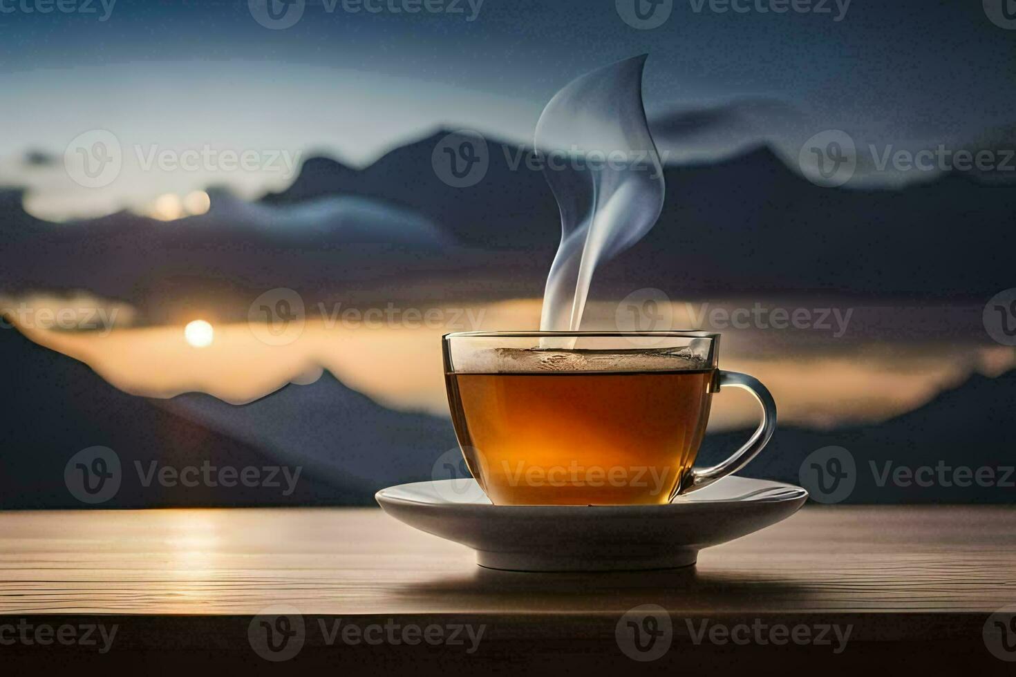 a cup of tea on a table in front of mountains. AI-Generated photo