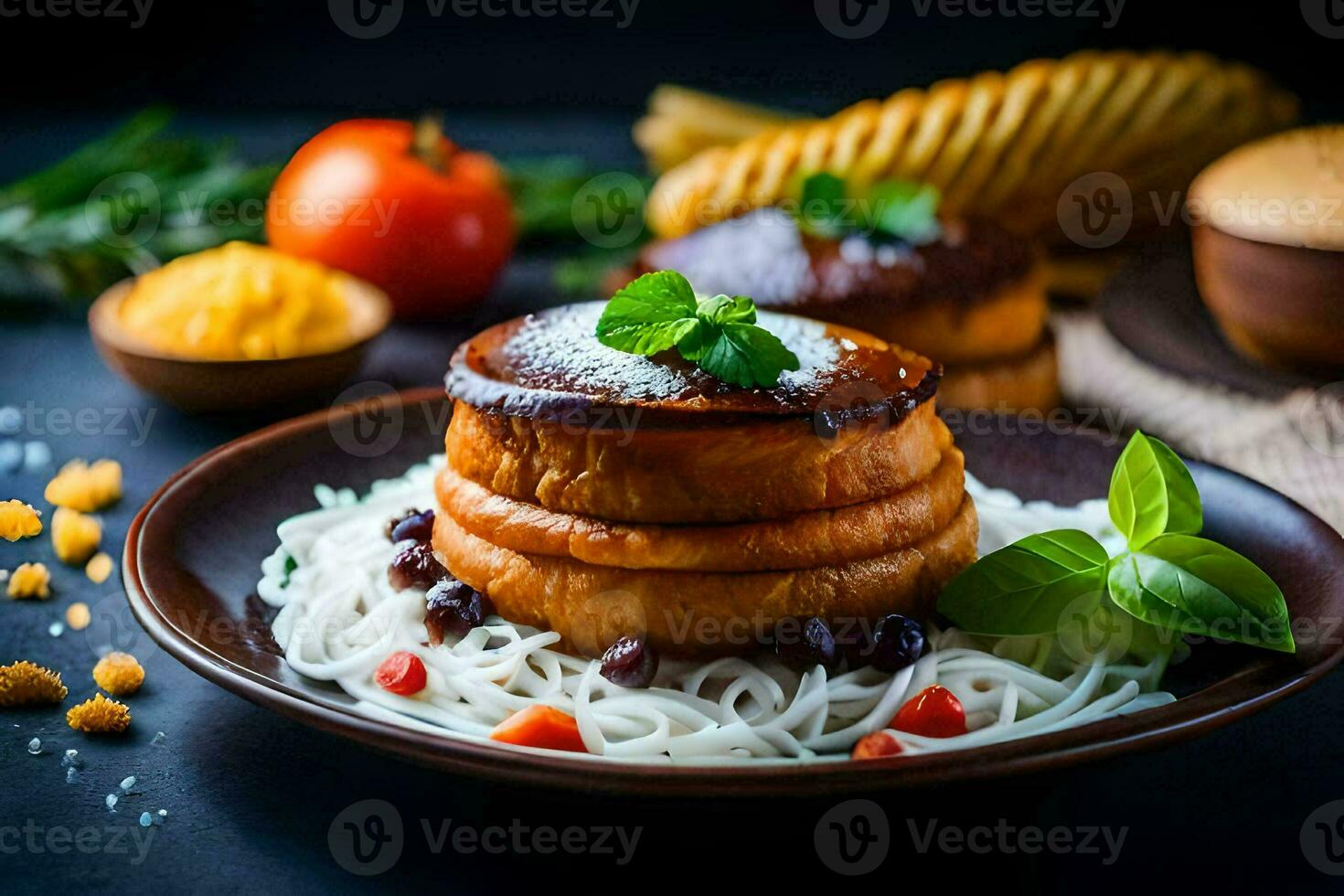 food on a plate with noodles and vegetables. AI-Generated photo