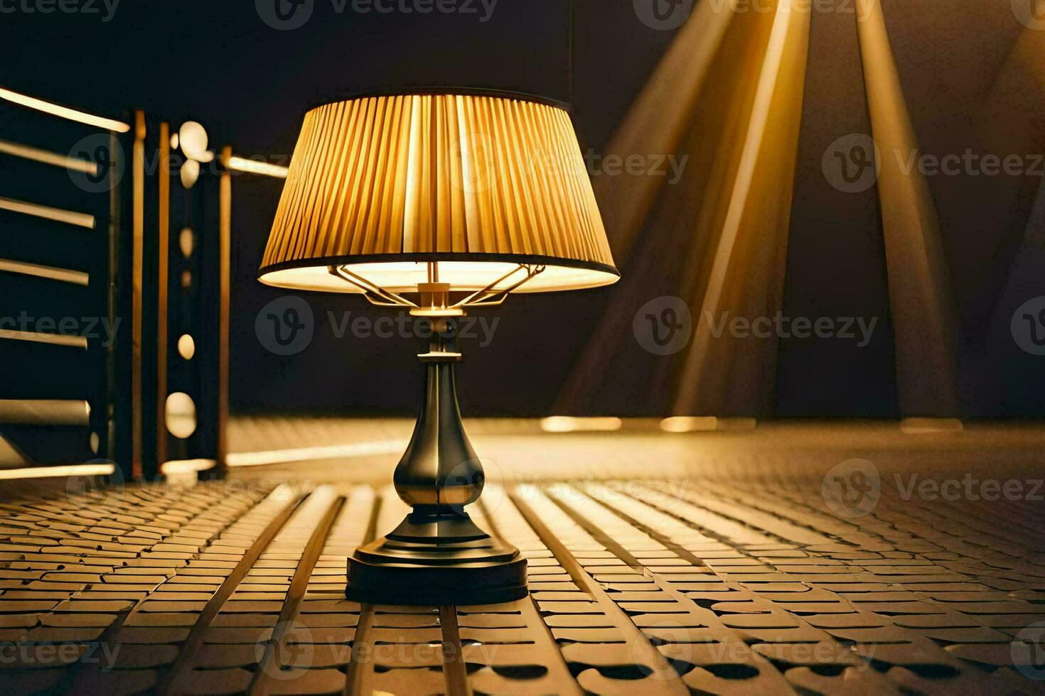 a lamp on a table in front of a door. AI-Generated photo