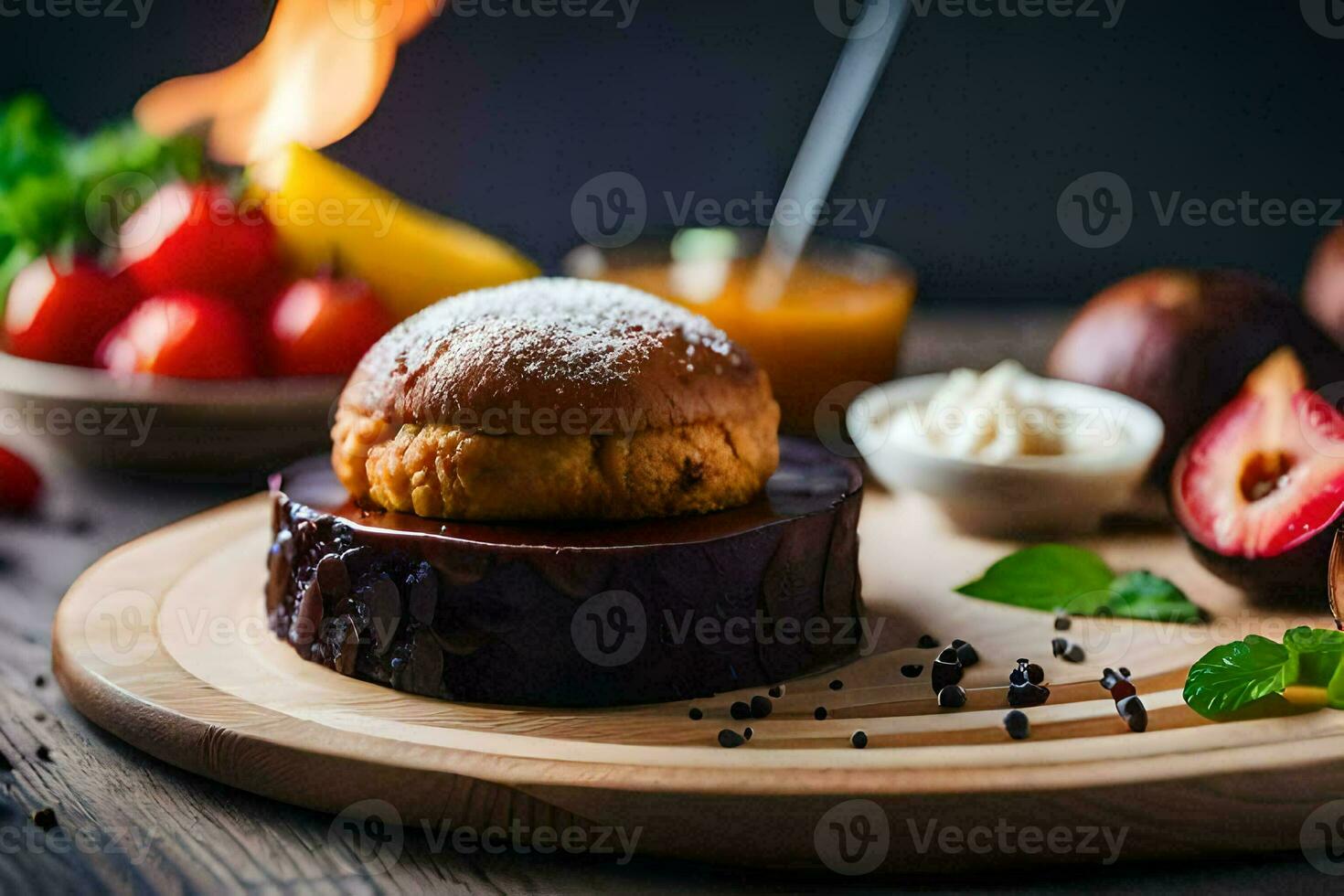 food on a wooden table with a dessert. AI-Generated photo