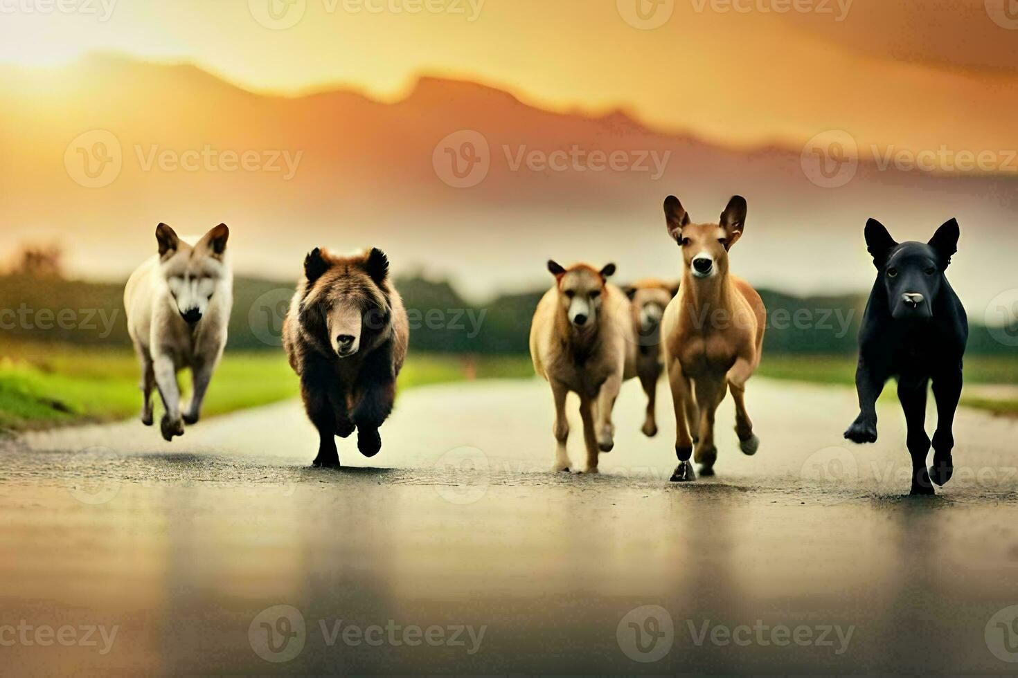 a group of animals running on a road. AI-Generated photo