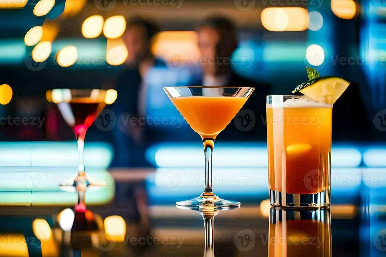 three different cocktails on a bar counter. AI-Generated photo