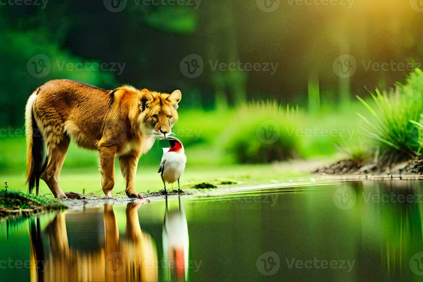 lion and bird by person. AI-Generated photo