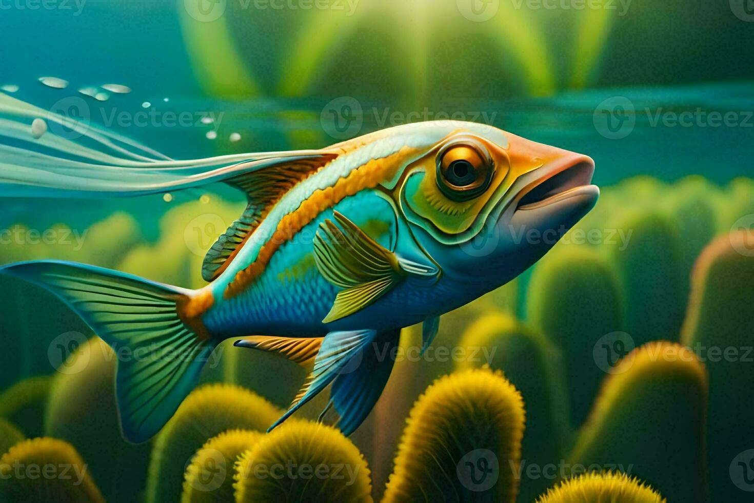 a fish swimming in the ocean with plants and seaweed. AI-Generated photo