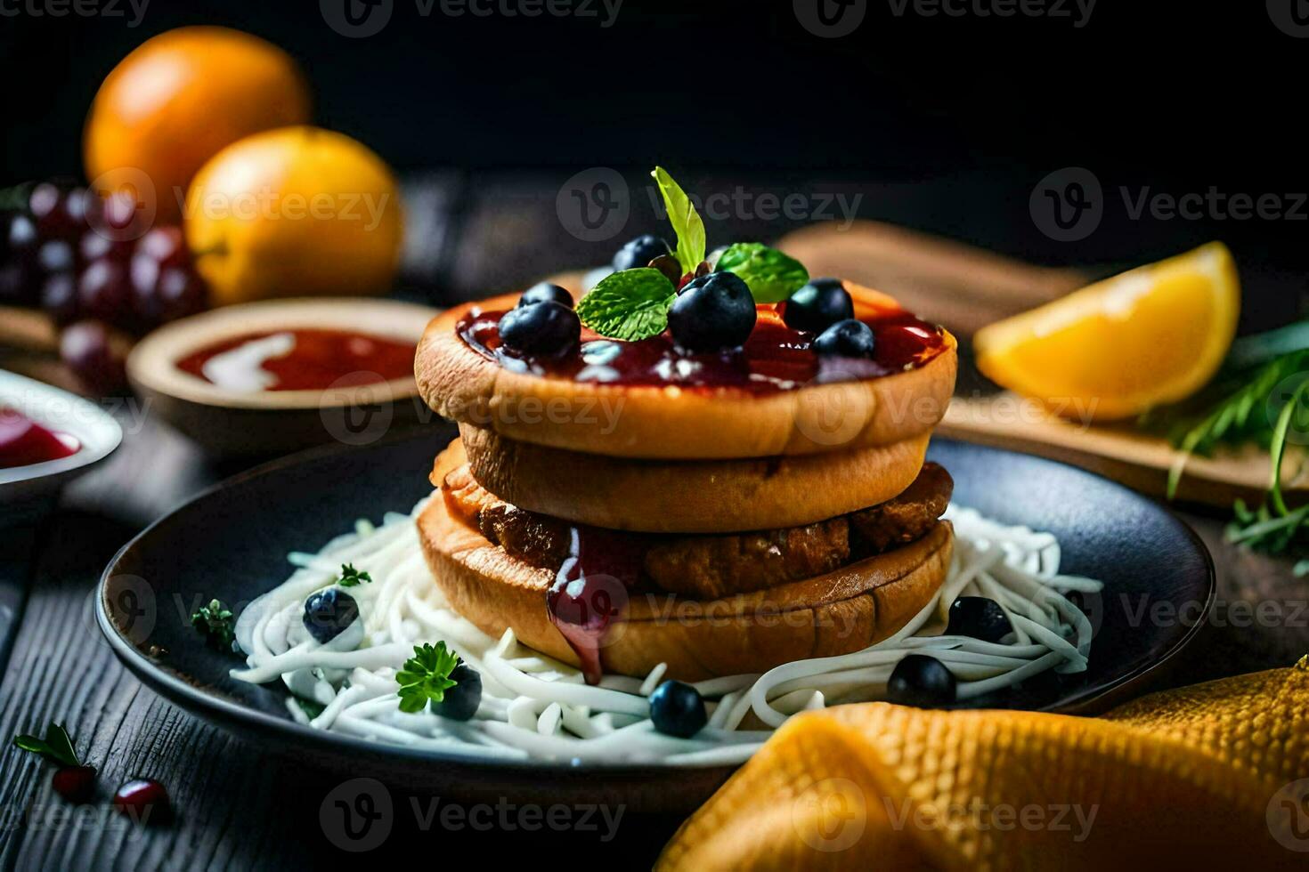 a stack of sandwiches with blueberries and cheese. AI-Generated photo