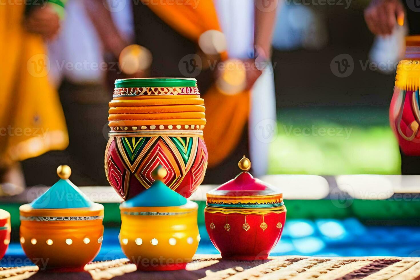 colorful pots and vases on a table with people in traditional clothing. AI-Generated photo