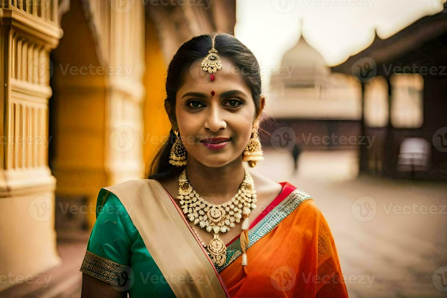 a woman in an orange sari and gold jewelry. AI-Generated photo