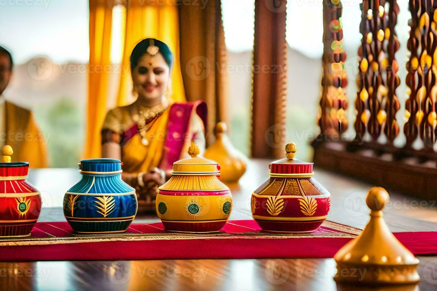 a woman in traditional indian attire sits next to a table with colorful pots. AI-Generated photo