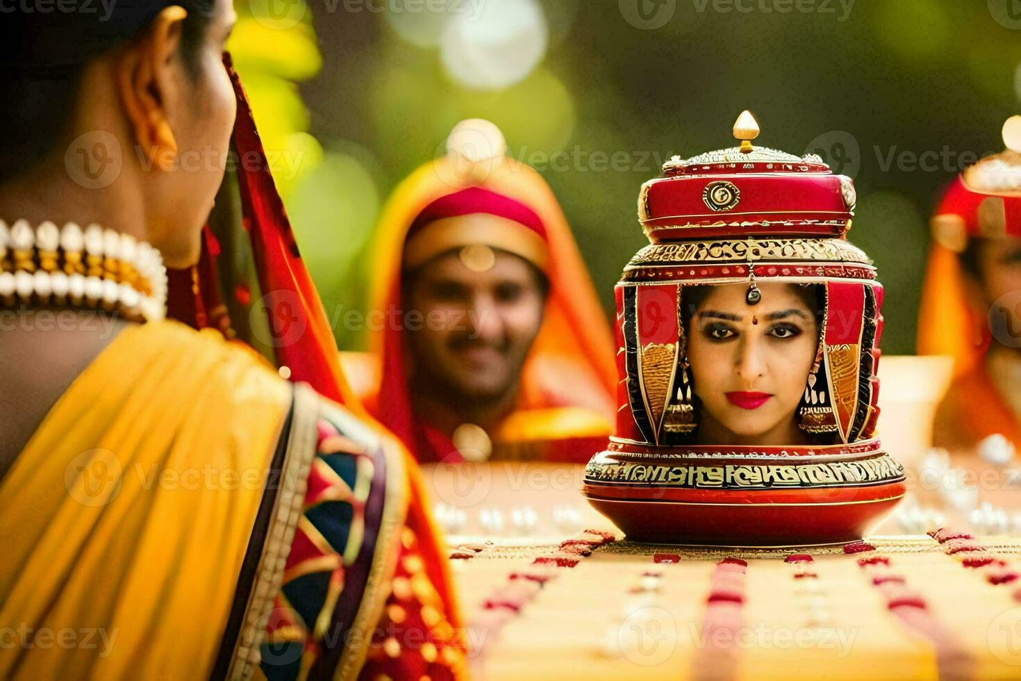 a woman in traditional indian dress is looking at a pot. AI-Generated photo