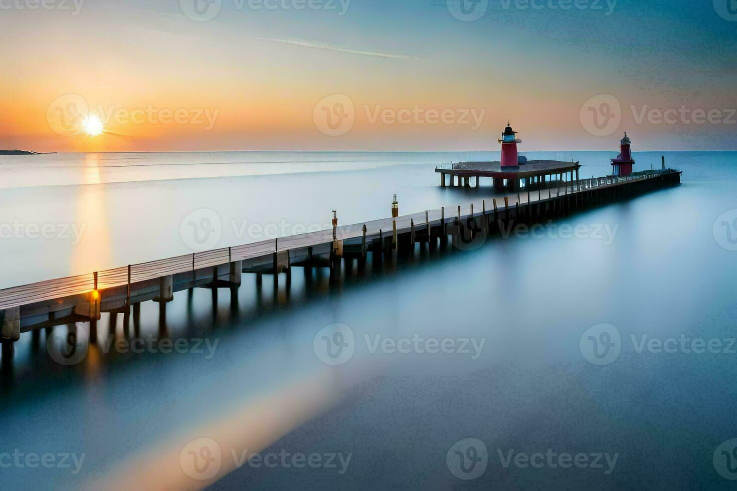 a long exposure photograph of a pier at sunset. AI-Generated photo