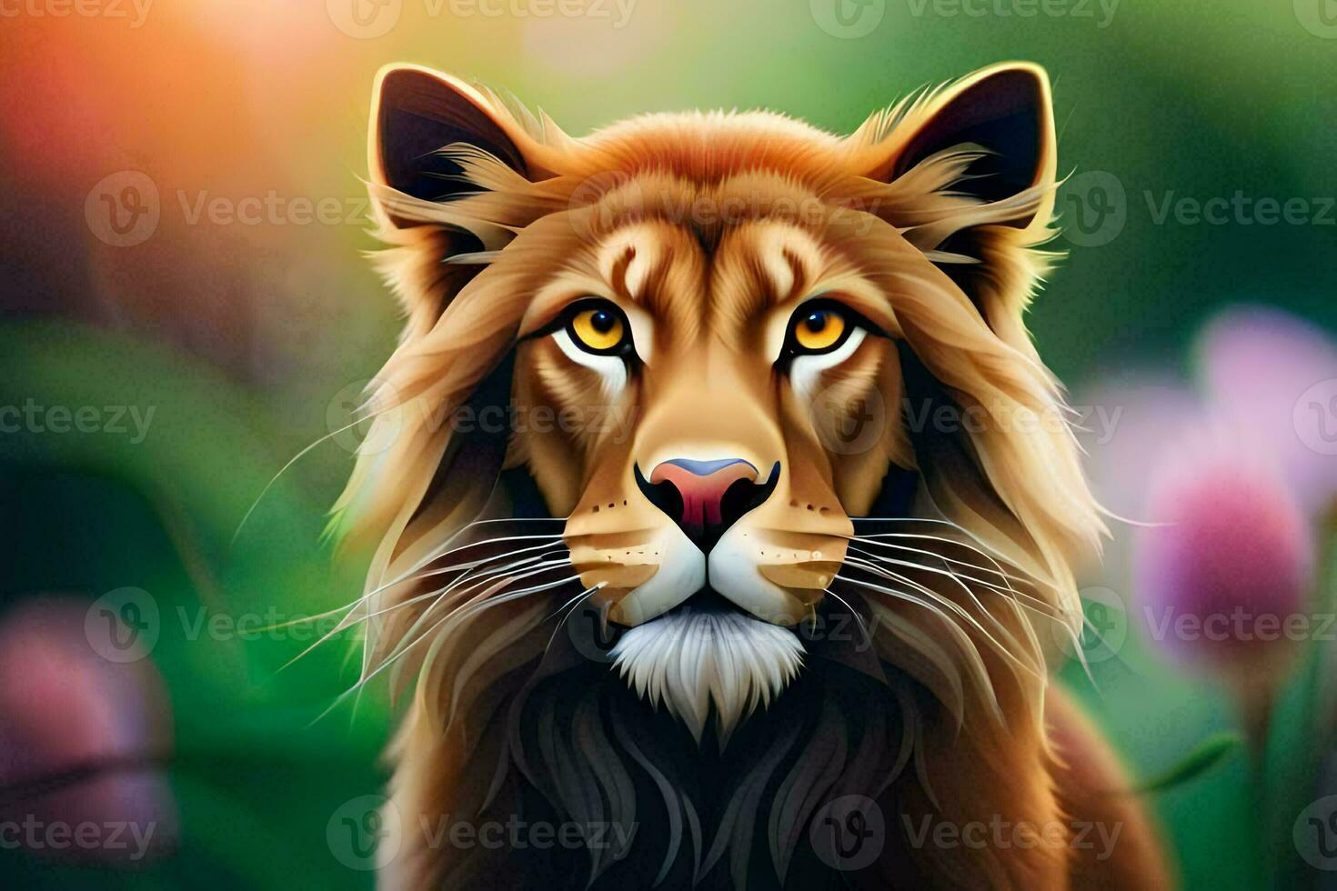 a lion is standing in front of a field of flowers. AI-Generated photo