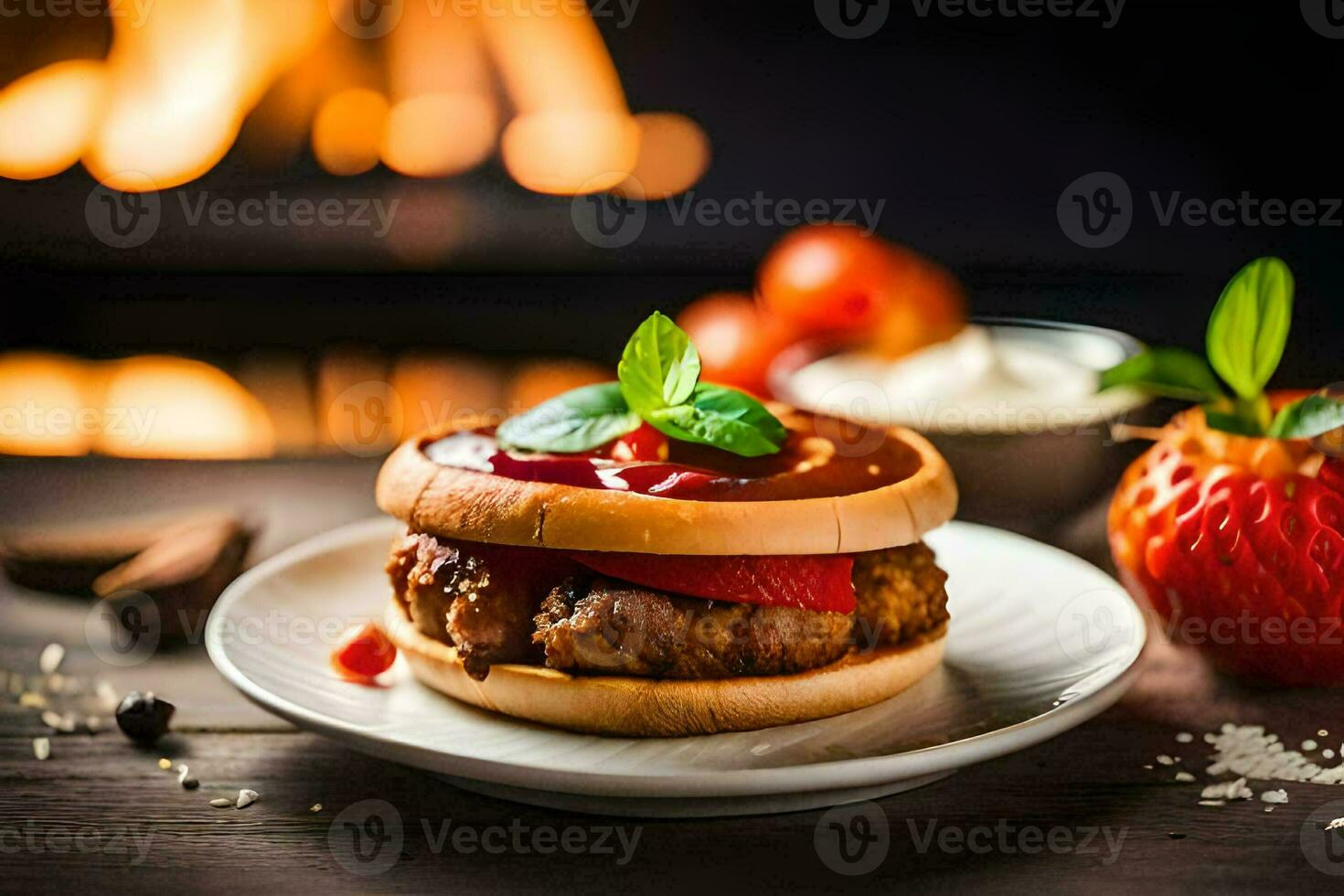 a hamburger with sauce and strawberries on a plate. AI-Generated photo