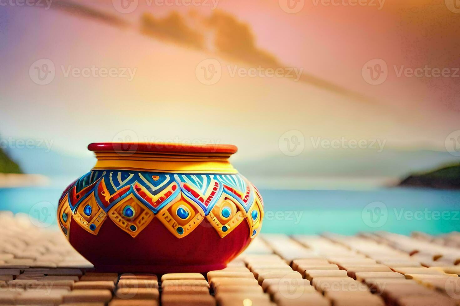 a colorful pot sitting on a table near the ocean. AI-Generated photo