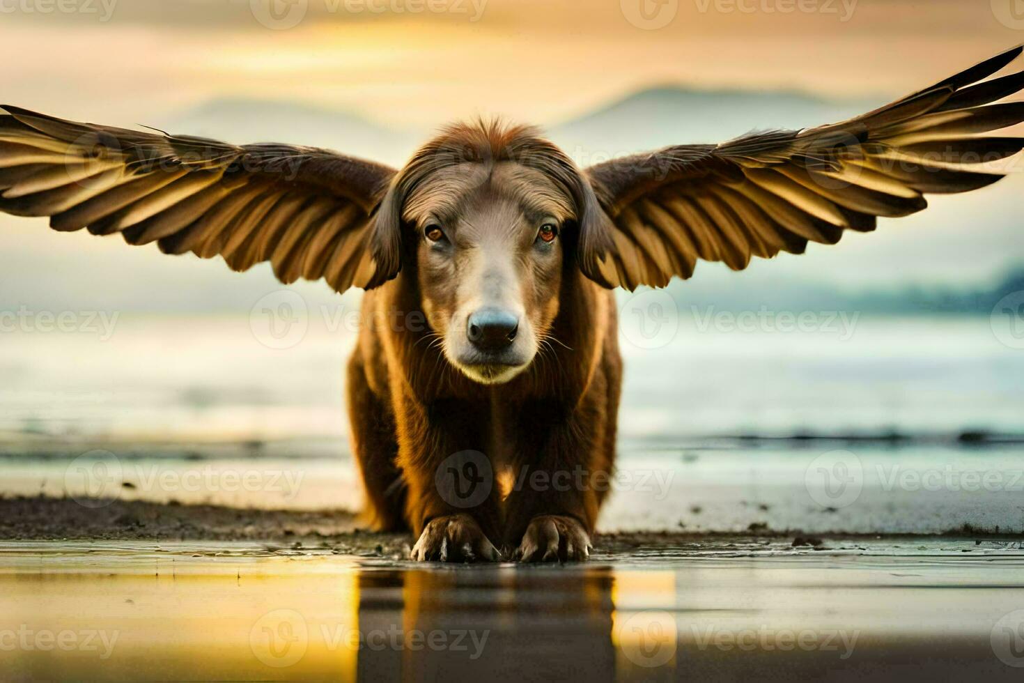 a dog with wings on the beach. AI-Generated photo