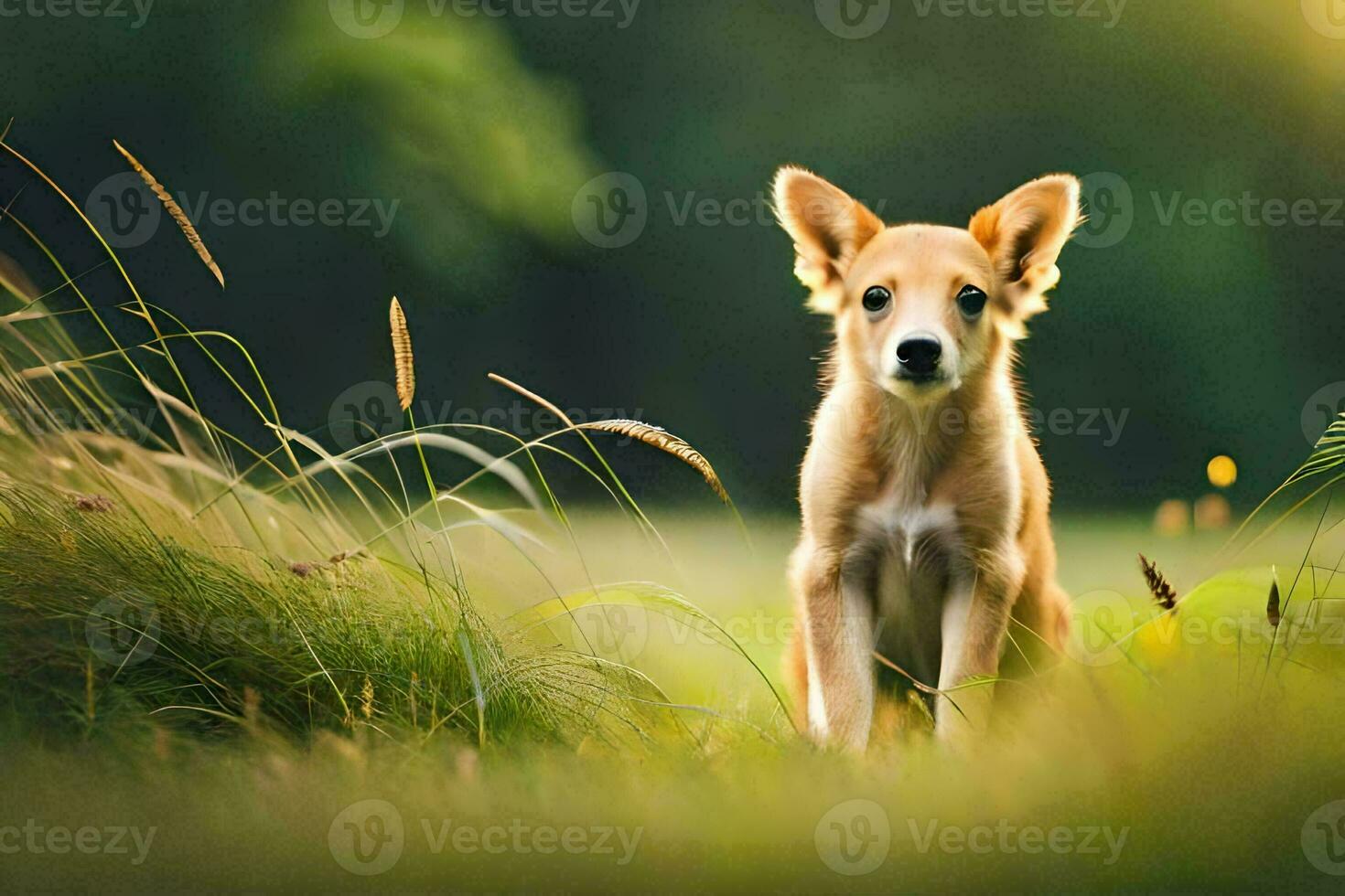 a puppy is standing in the grass in front of a green background. AI-Generated photo