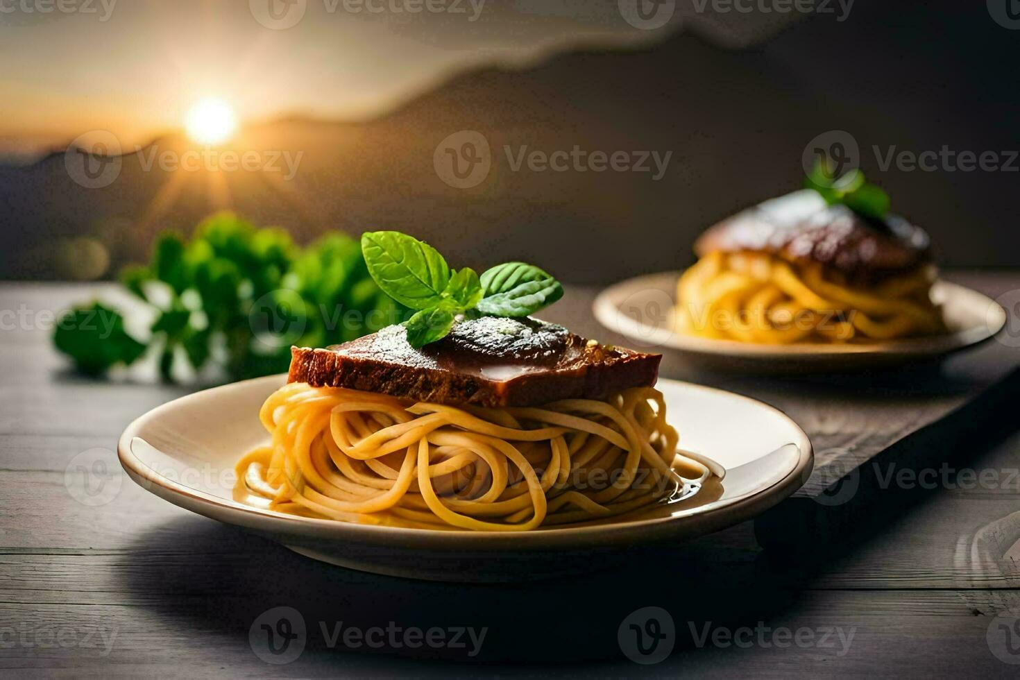 spaghetti with meat and herbs on a plate. AI-Generated photo