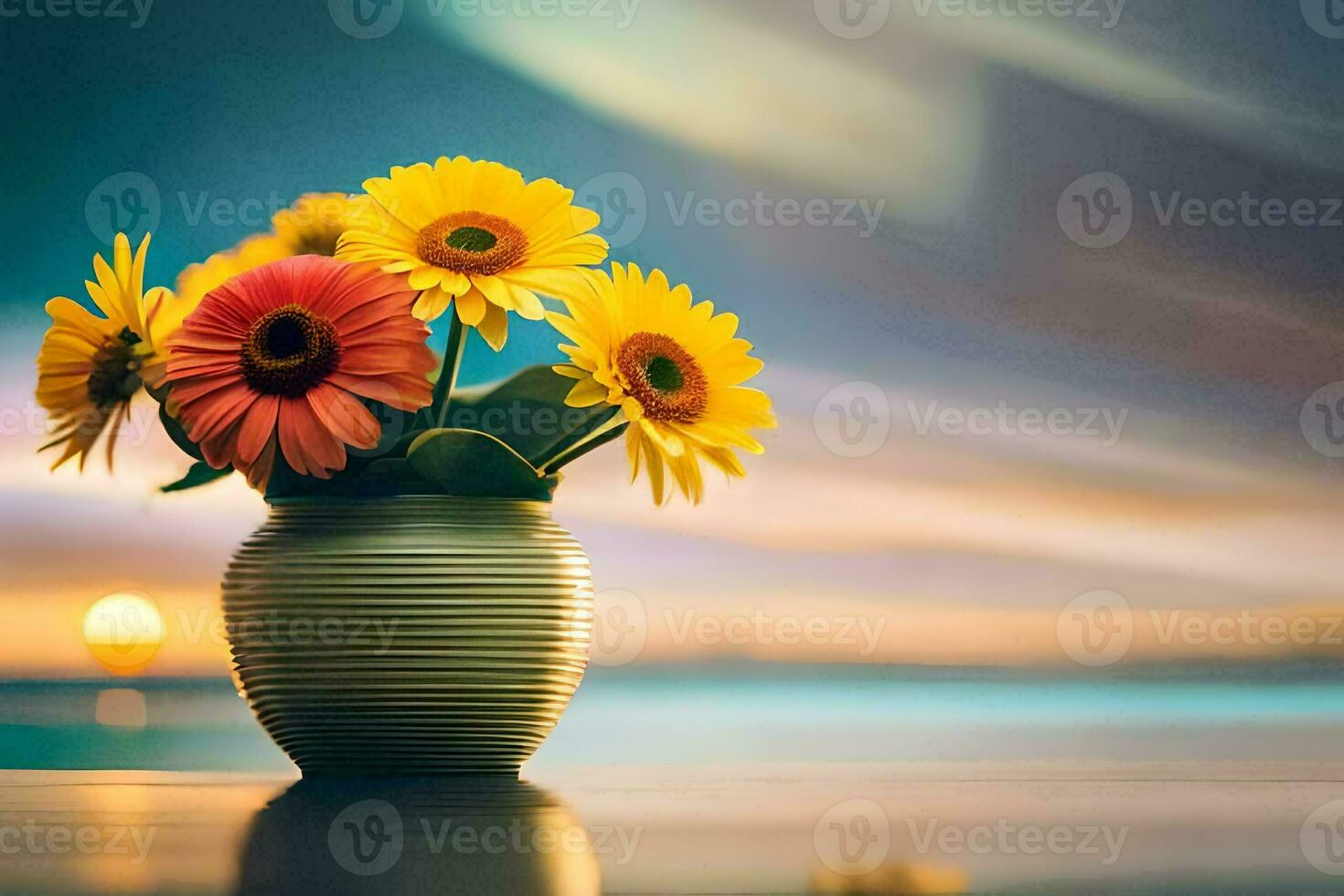 photo wallpaper the sky, flowers, the sea, sunset, the sea, flowers, the sea. AI-Generated