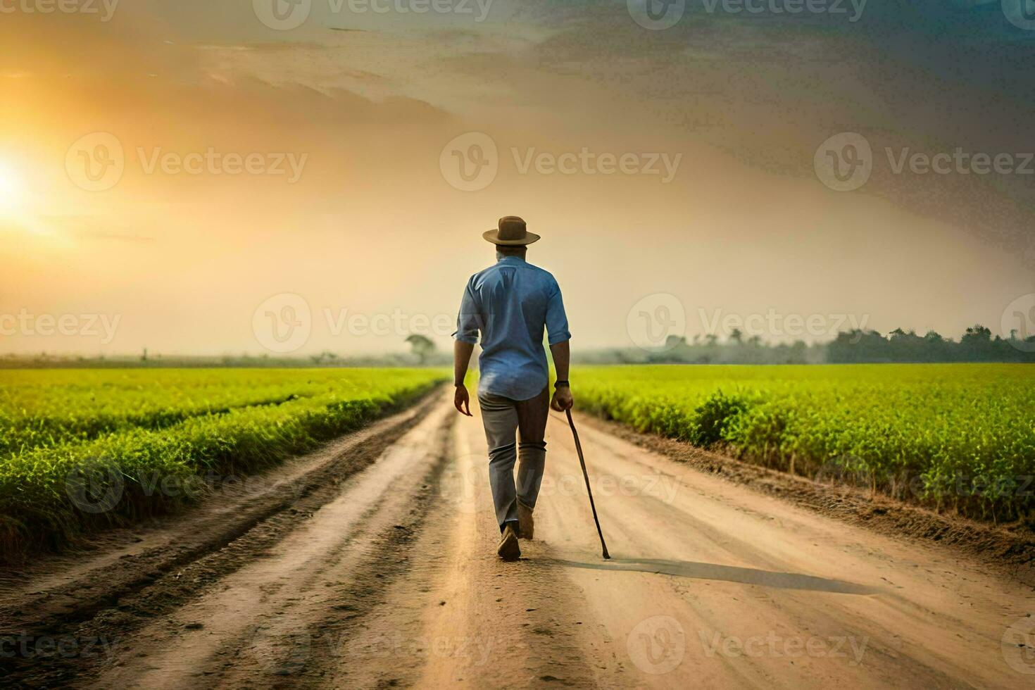 un hombre caminando abajo un suciedad la carretera en un campo. generado por ai foto