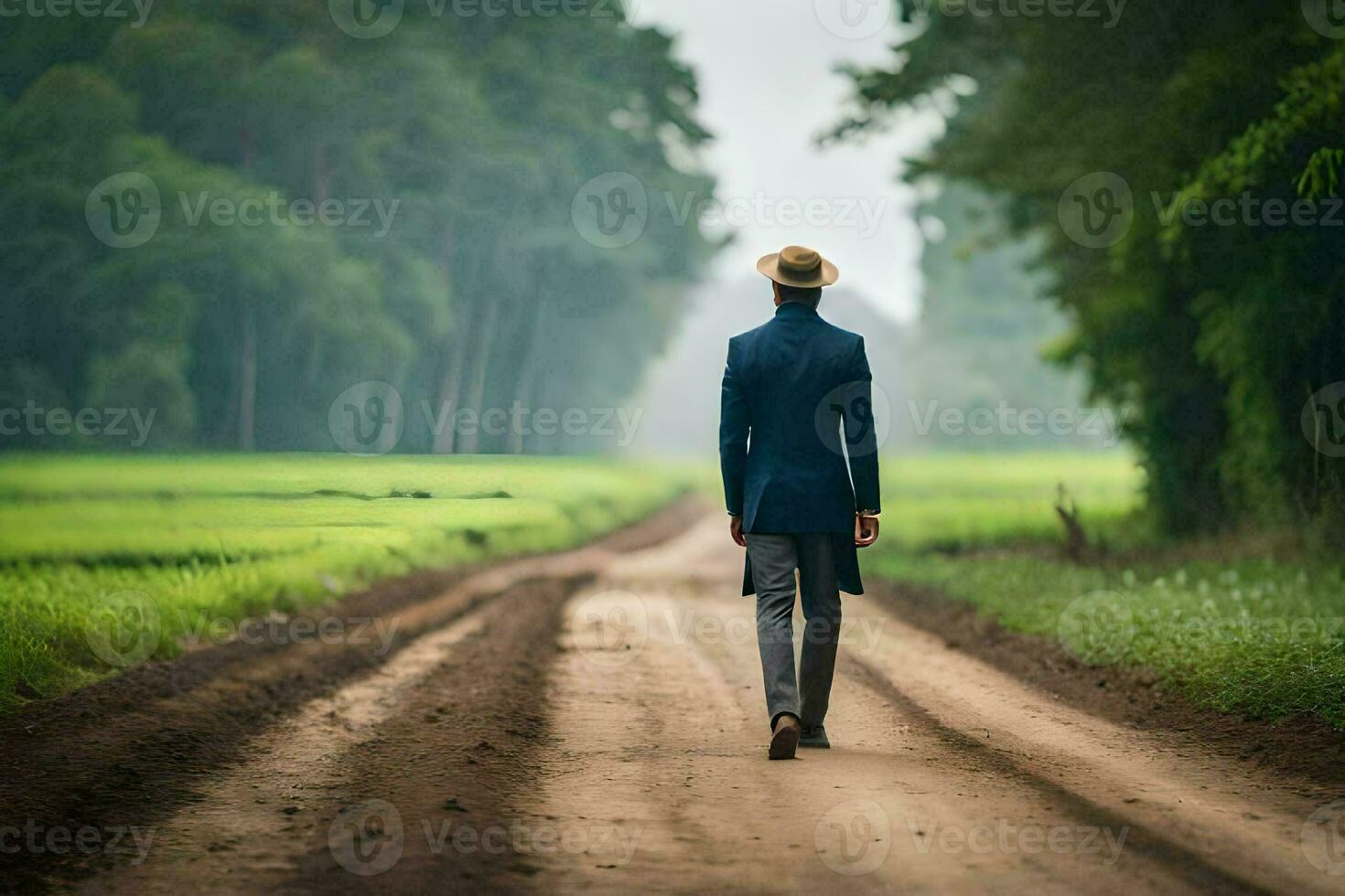 un hombre en un azul traje camina abajo un suciedad la carretera. generado por ai foto