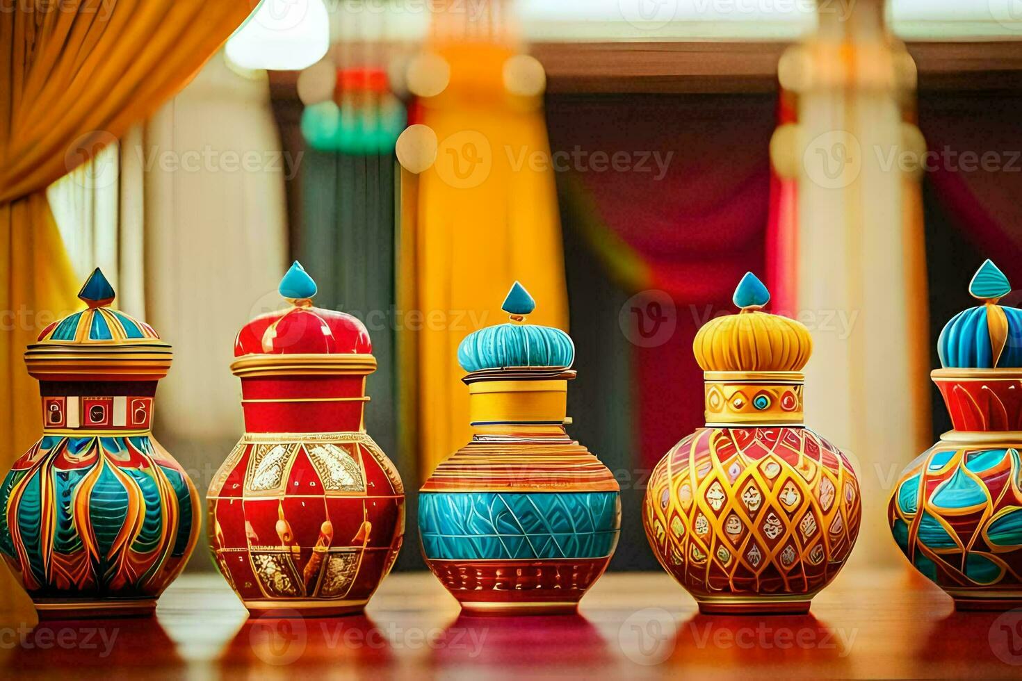 five colorful vases on a table with curtains. AI-Generated photo