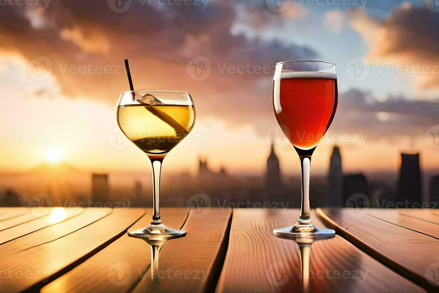 two glasses of wine and a cocktail on a wooden table. AI-Generated photo