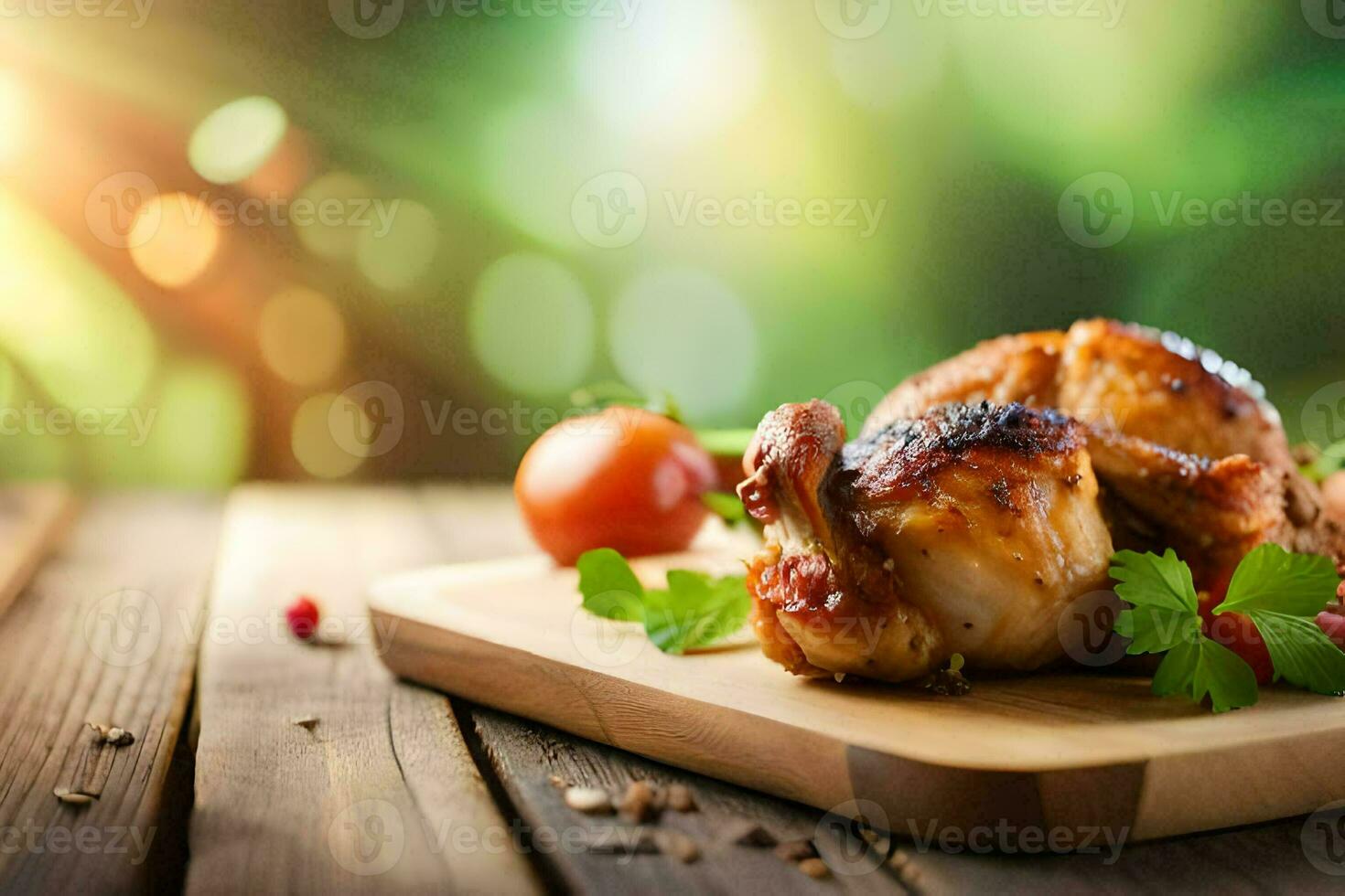 grilled chicken on a wooden cutting board with tomatoes and herbs. AI-Generated photo