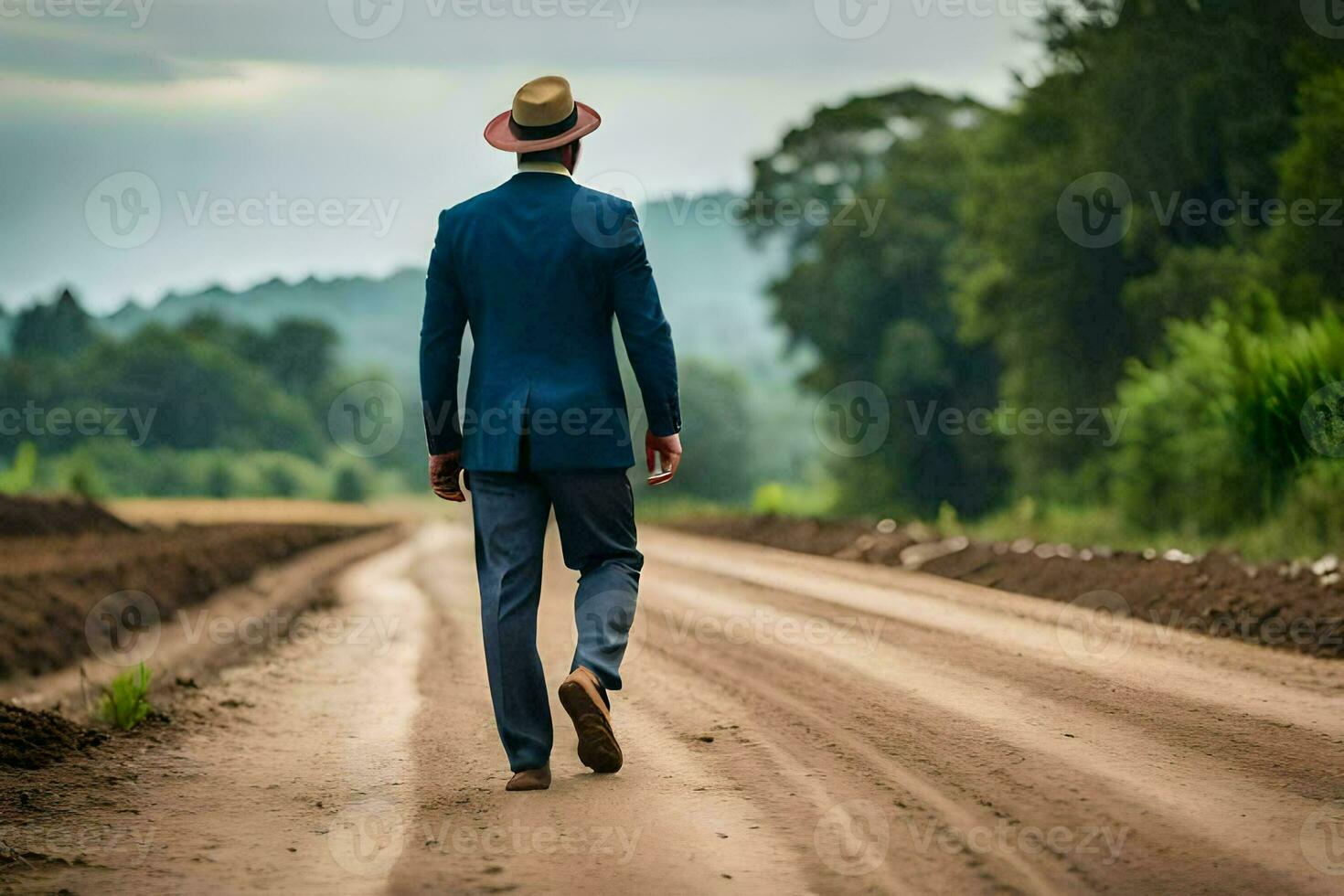 un hombre en un traje y sombrero camina abajo un suciedad la carretera. generado por ai foto