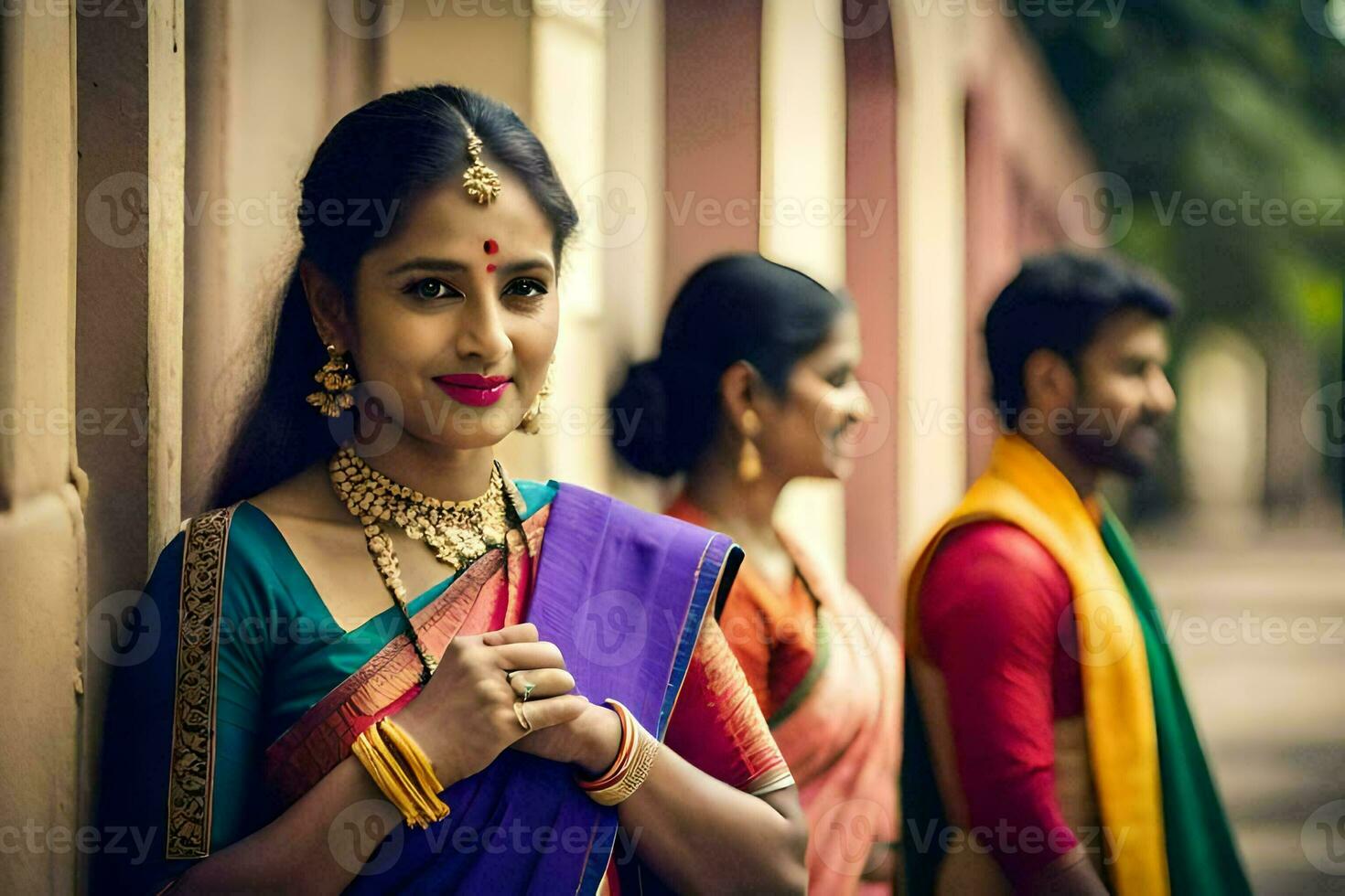 un mujer en tradicional indio atuendo poses para un foto. generado por ai foto