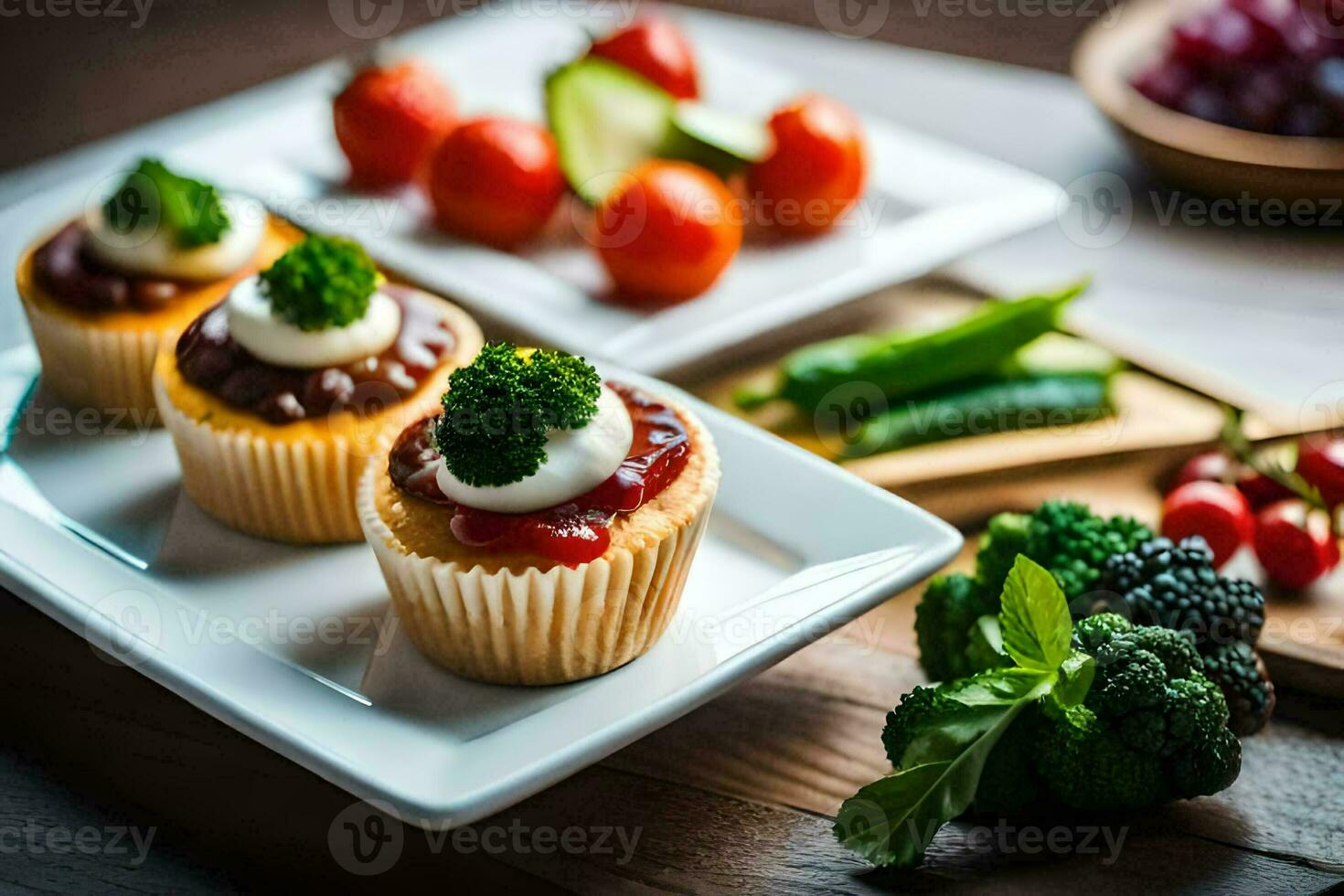 a plate with cupcakes and vegetables on it. AI-Generated photo