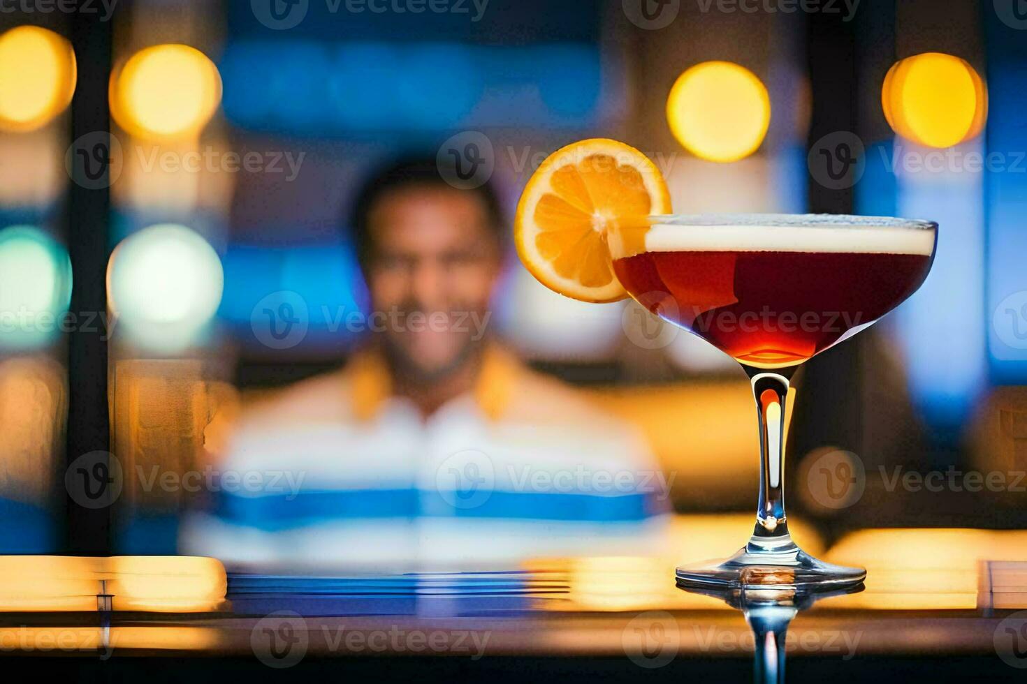 a man is sitting at a bar with a drink. AI-Generated photo