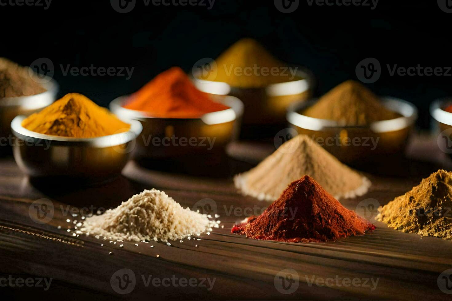 a variety of spices in bowls. AI-Generated photo