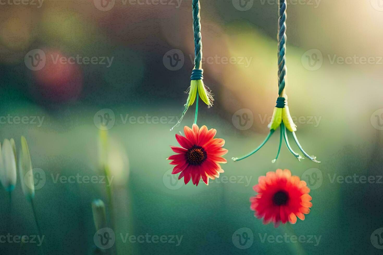 two red flowers hanging from a string. AI-Generated photo