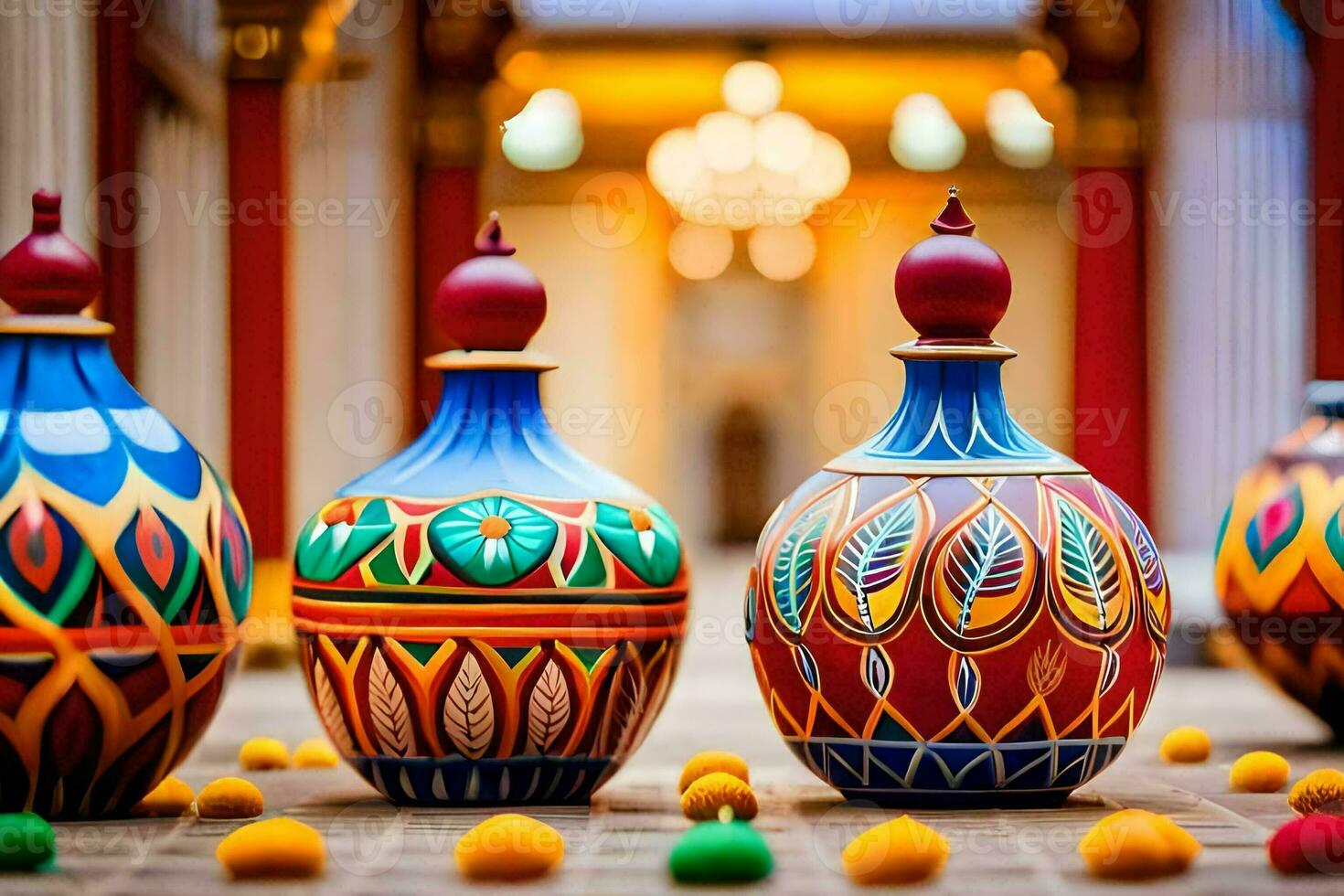colorful vases are lined up on a floor. AI-Generated photo