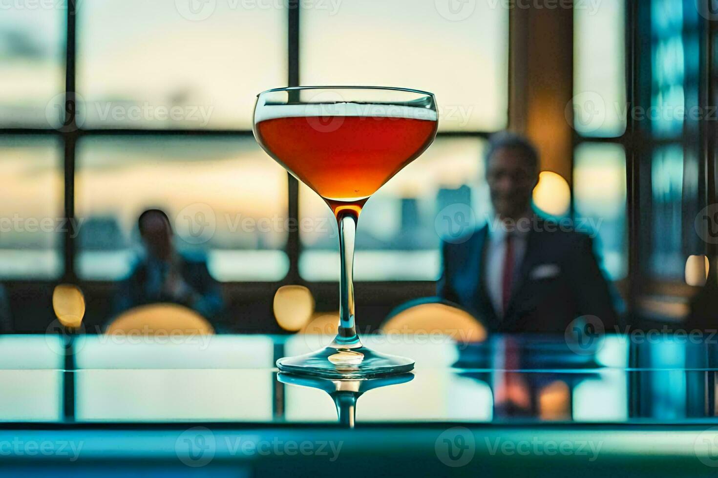 a cocktail sitting on a table in front of a window. AI-Generated photo