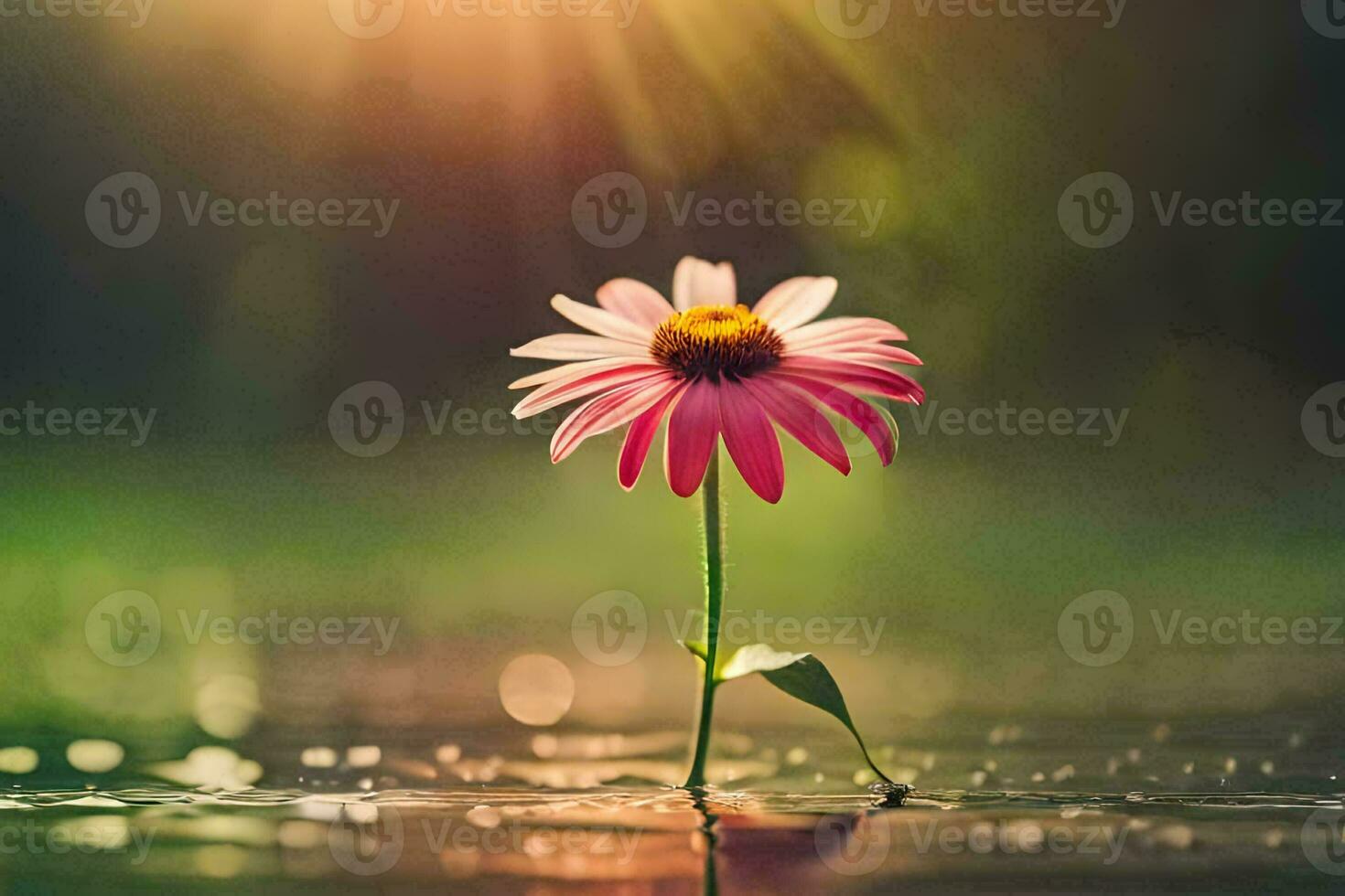 a single pink flower is standing in the water. AI-Generated photo