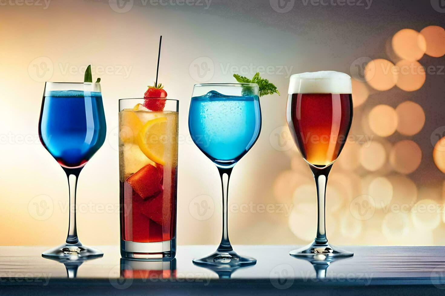 four different colored drinks in glasses on a table. AI-Generated photo