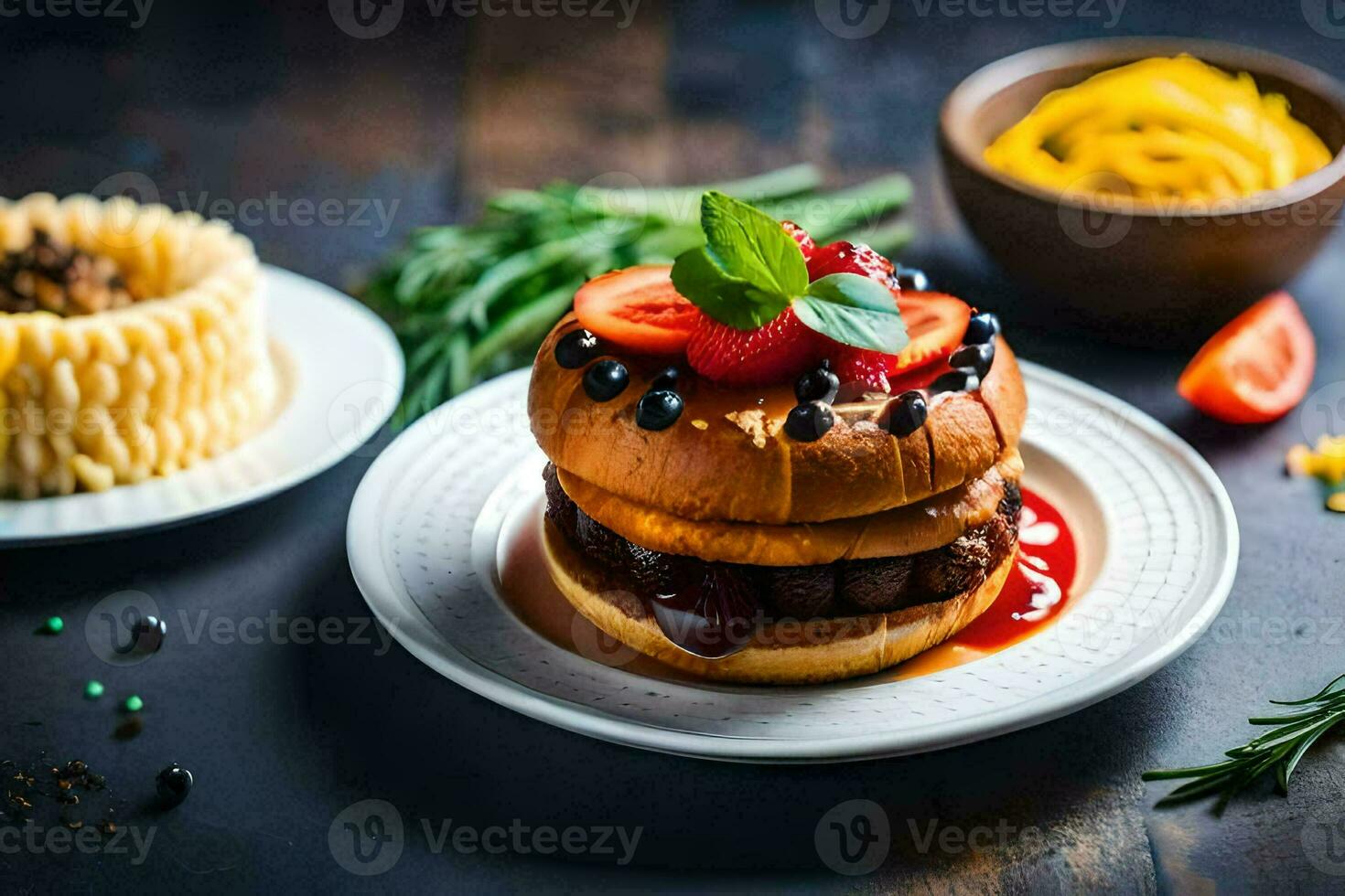 a hamburger with berries and tomatoes on a plate. AI-Generated photo