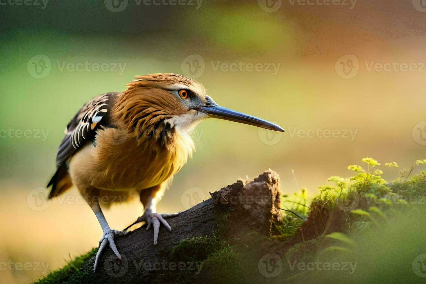 a bird is standing on a branch in the woods. AI-Generated photo