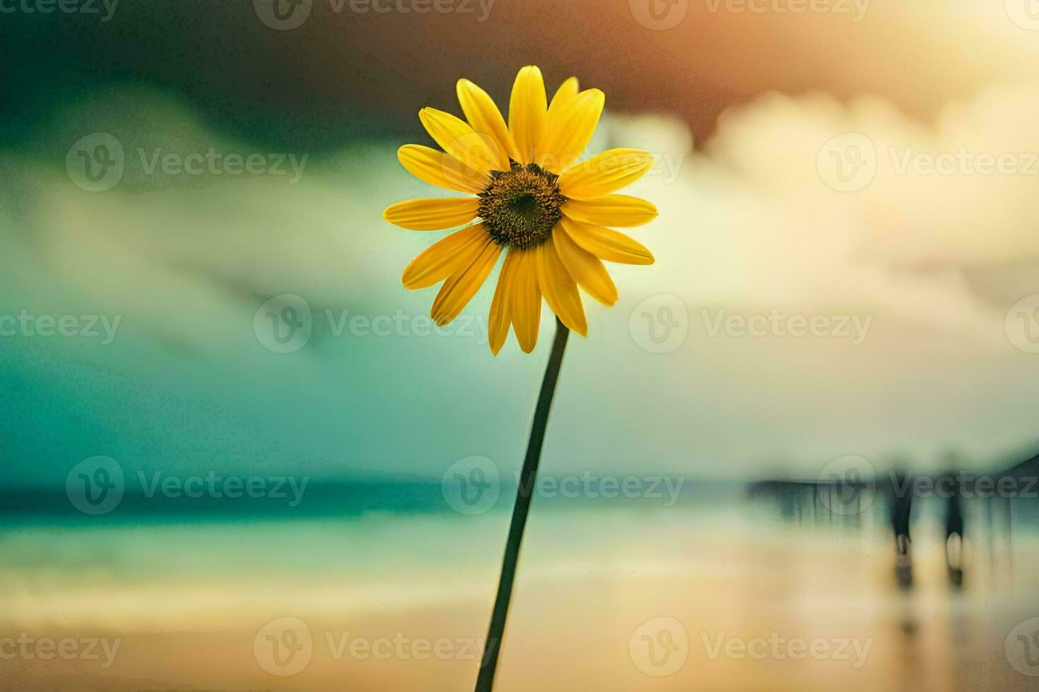 a single yellow flower stands on the beach. AI-Generated photo