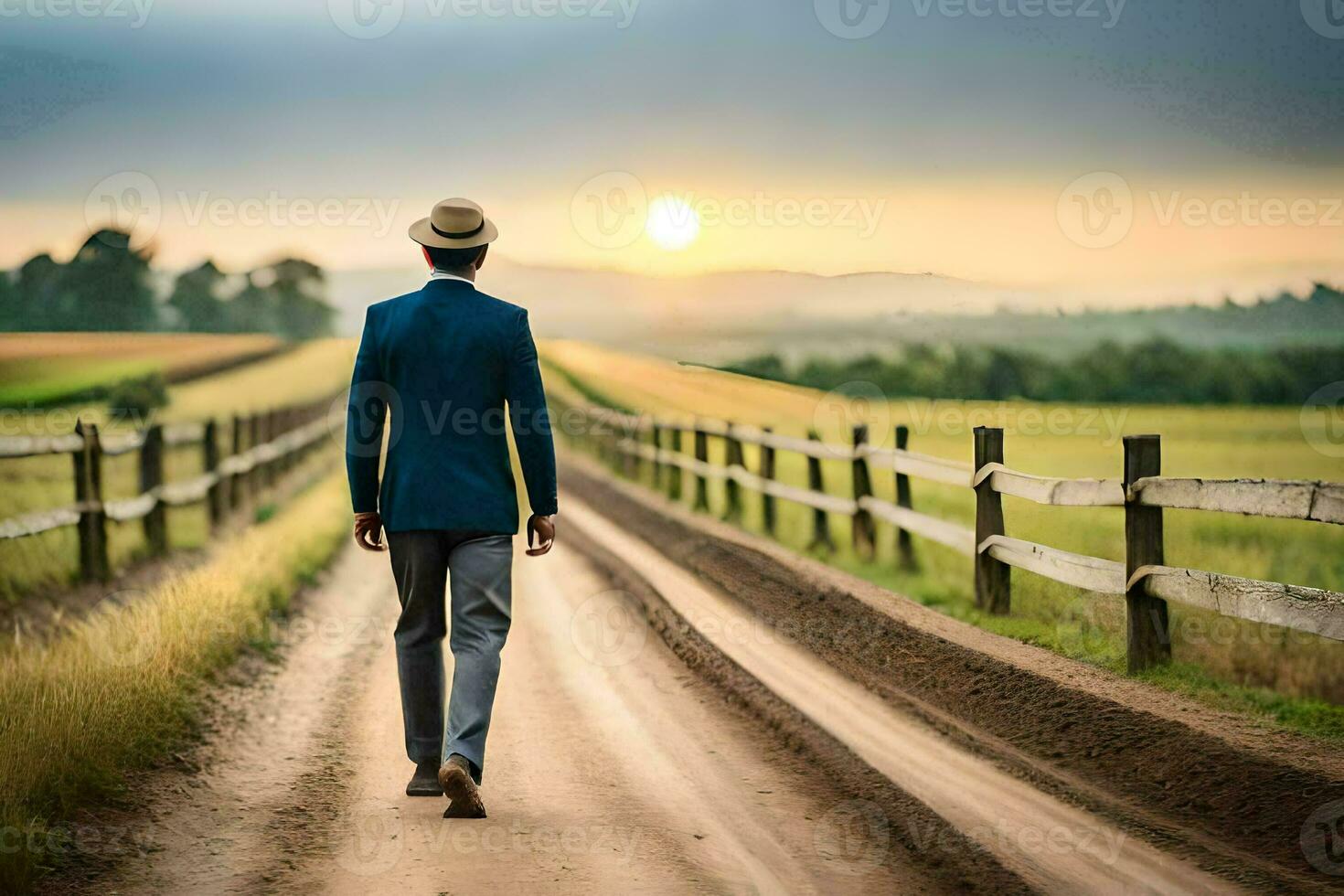a man in a suit and hat walks down a dirt road. AI-Generated photo